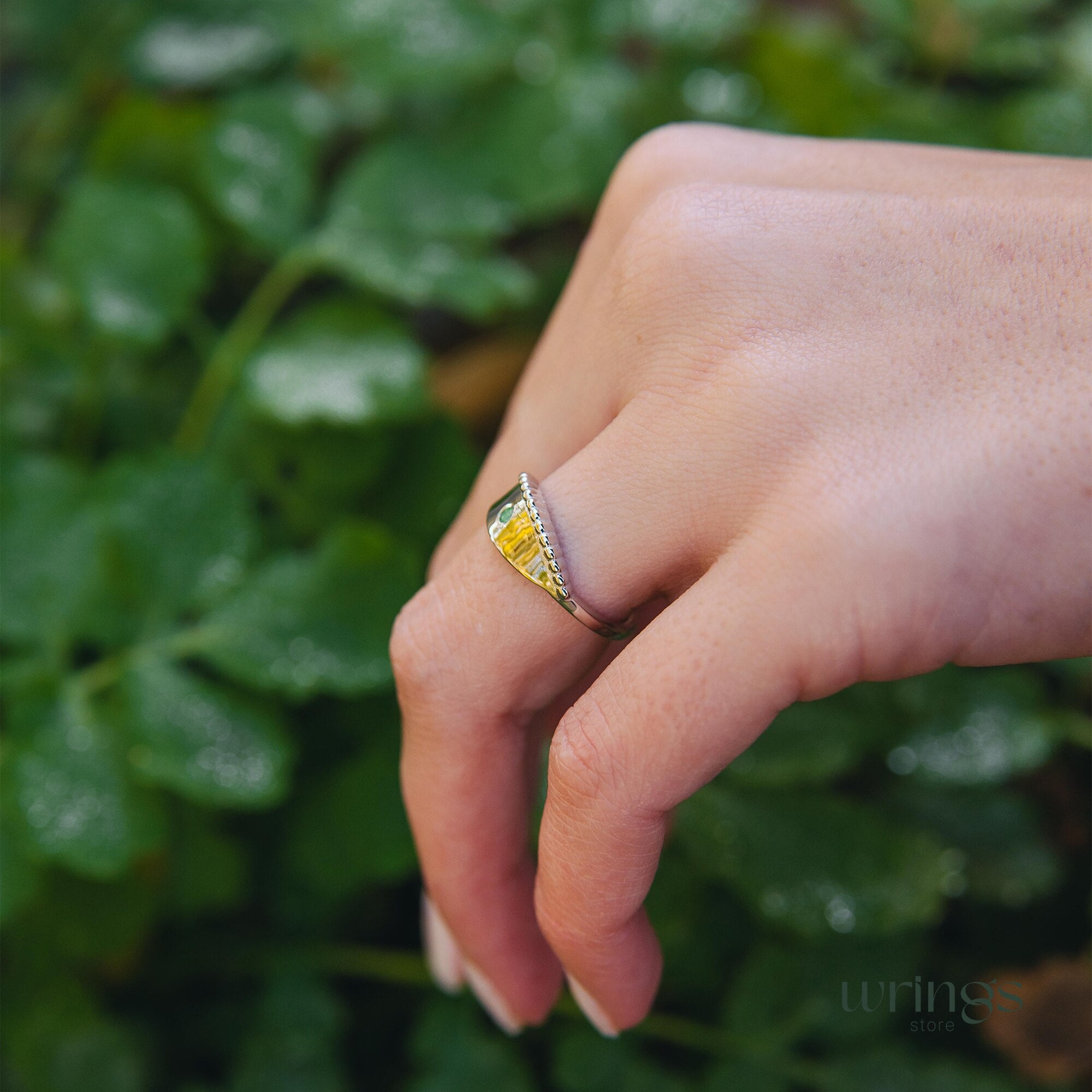 Beaded Silver & Emerald Evil Eye Ring Boho Style