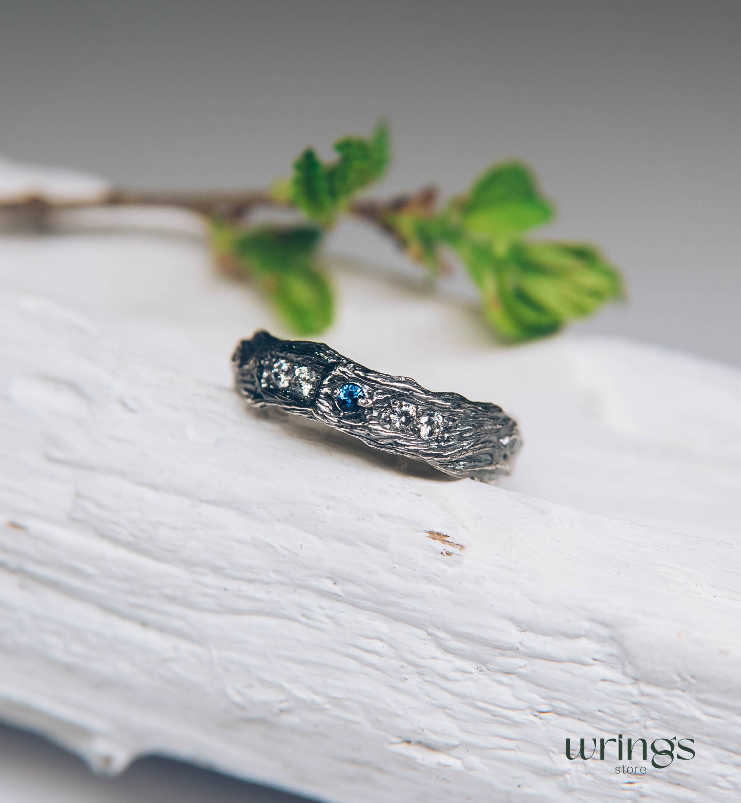 Unusual Tree Bark Sapphire Wedding Ring adorned with side CZ Accents