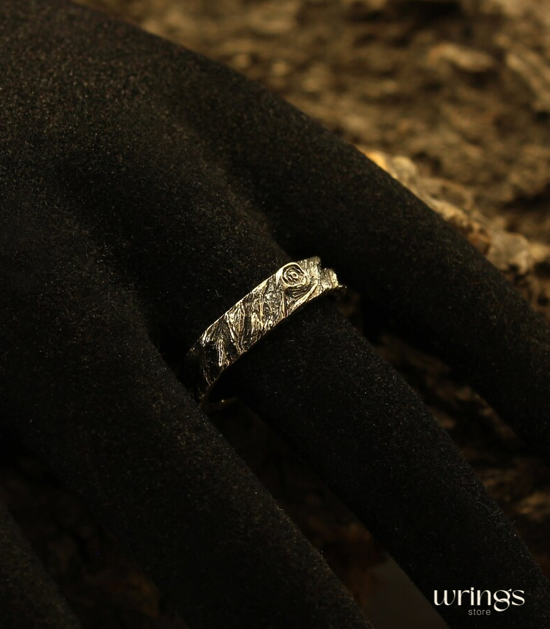 White Gold Wood Design Earthy Wedding Band Rustic Style