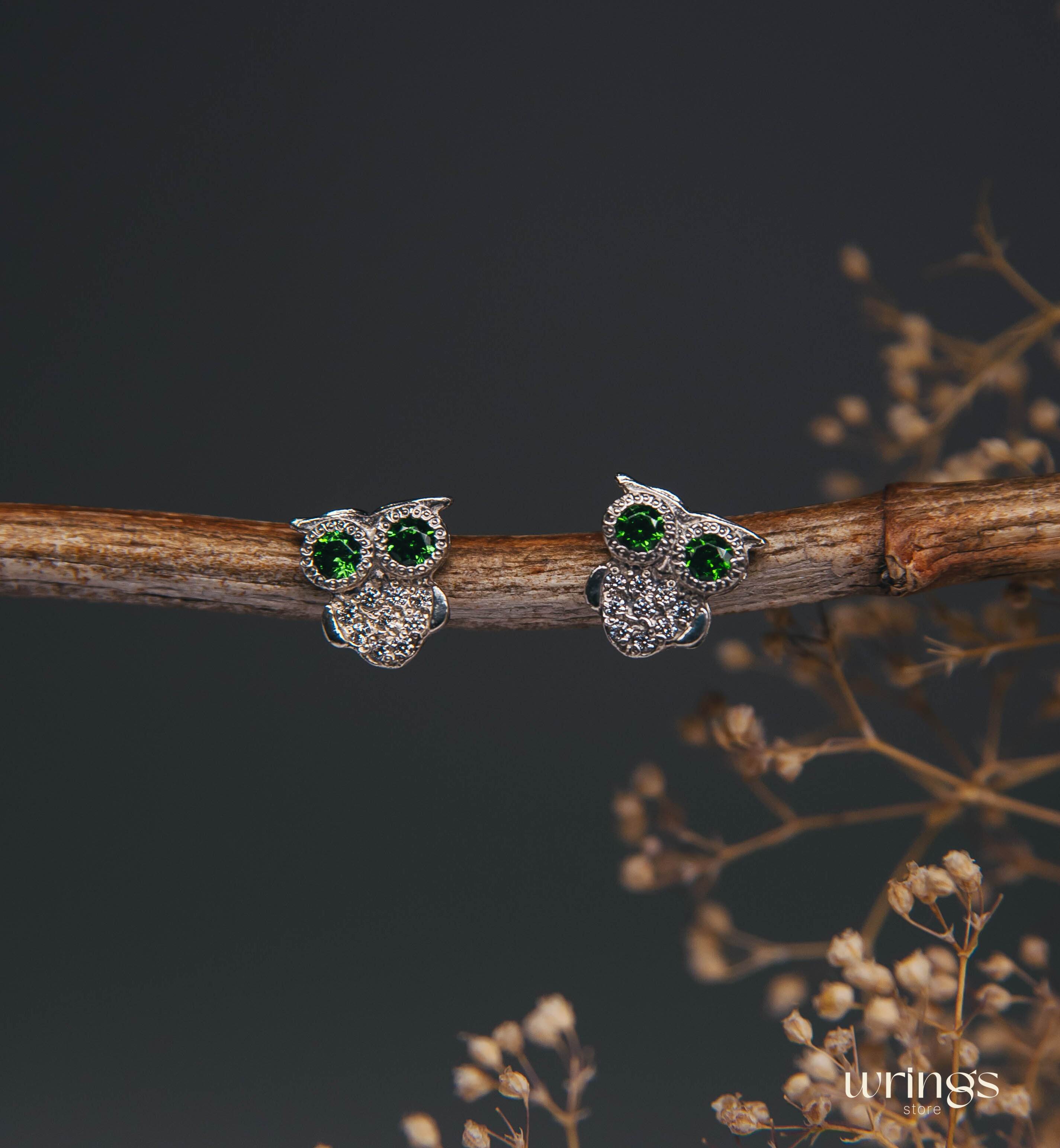 Emerald Eyes Owl Stud Earrings Silver with White Stones