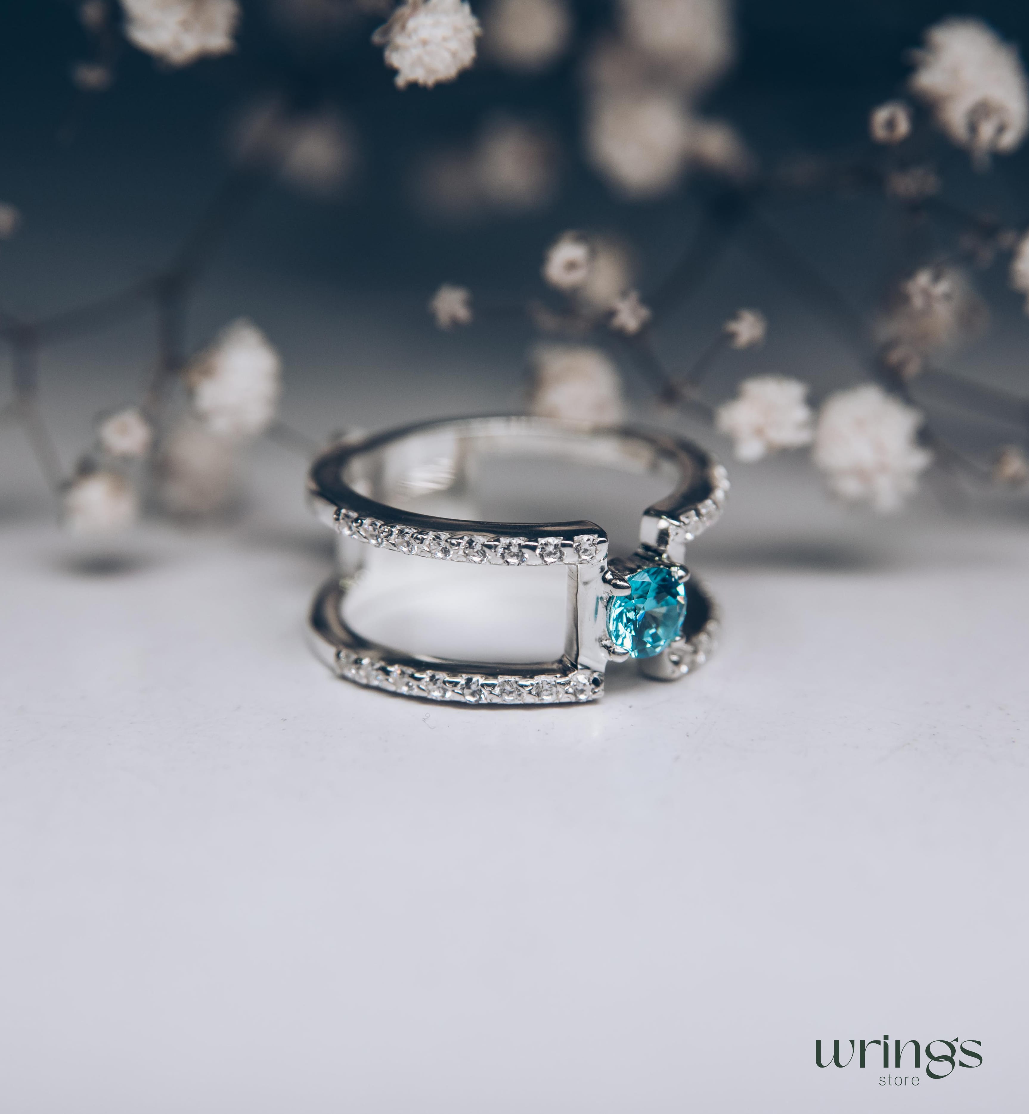 Double Band Silver Statement Ring Topaz and Diamonds