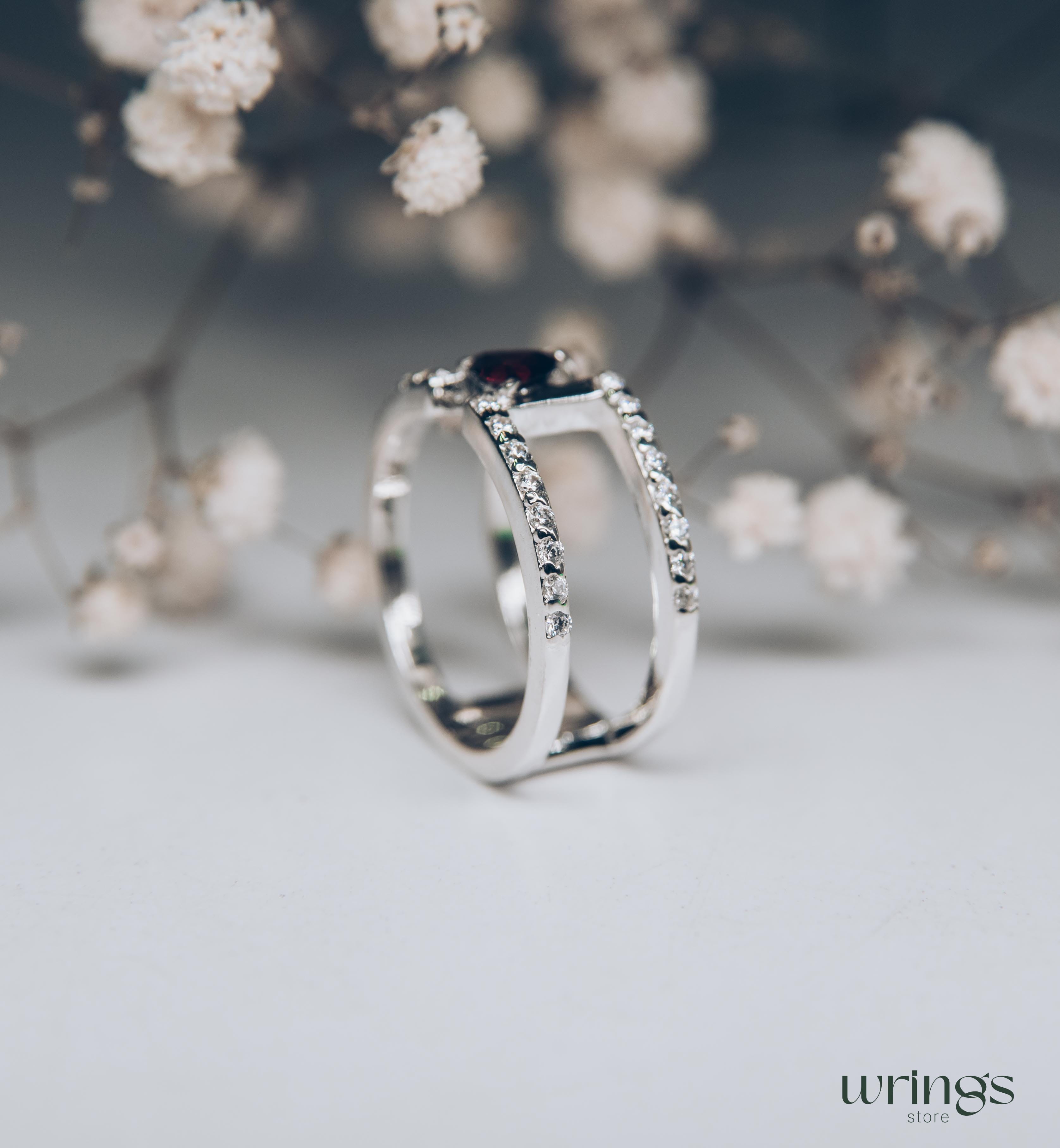 Trillion Garnet Unique Double Engagement Ring CZ Stones