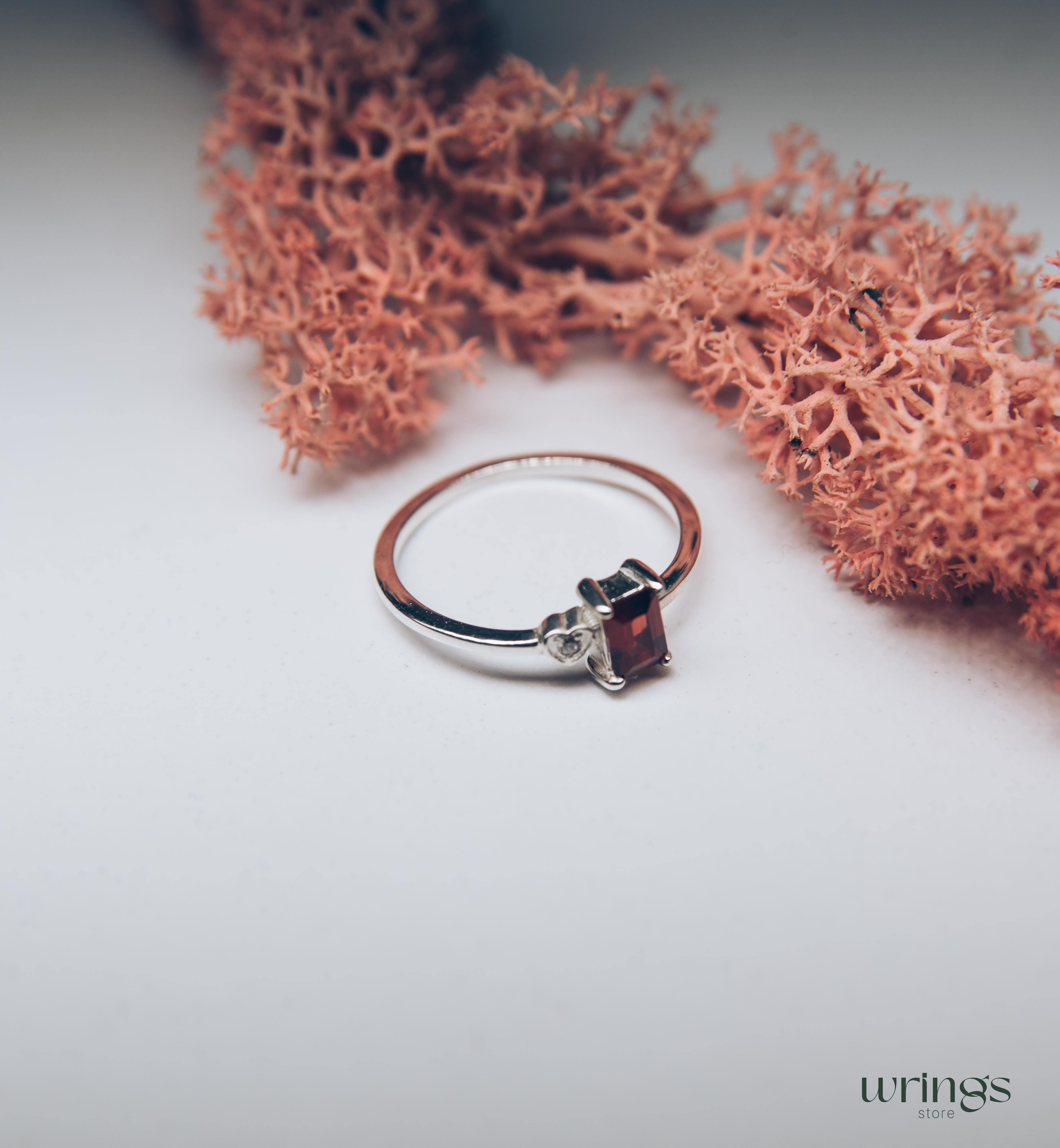Silver Garnet Engagement Ring & Side Stone CZ in Heart