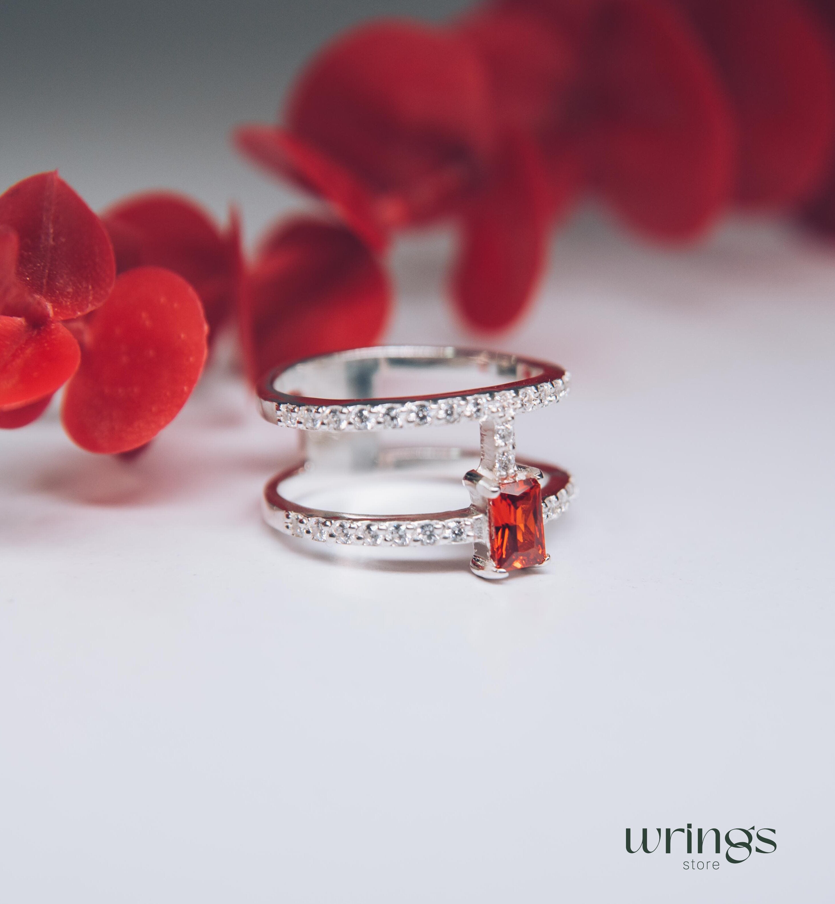 Garnet Two Band Engagement Ring Multiple CZ Stones