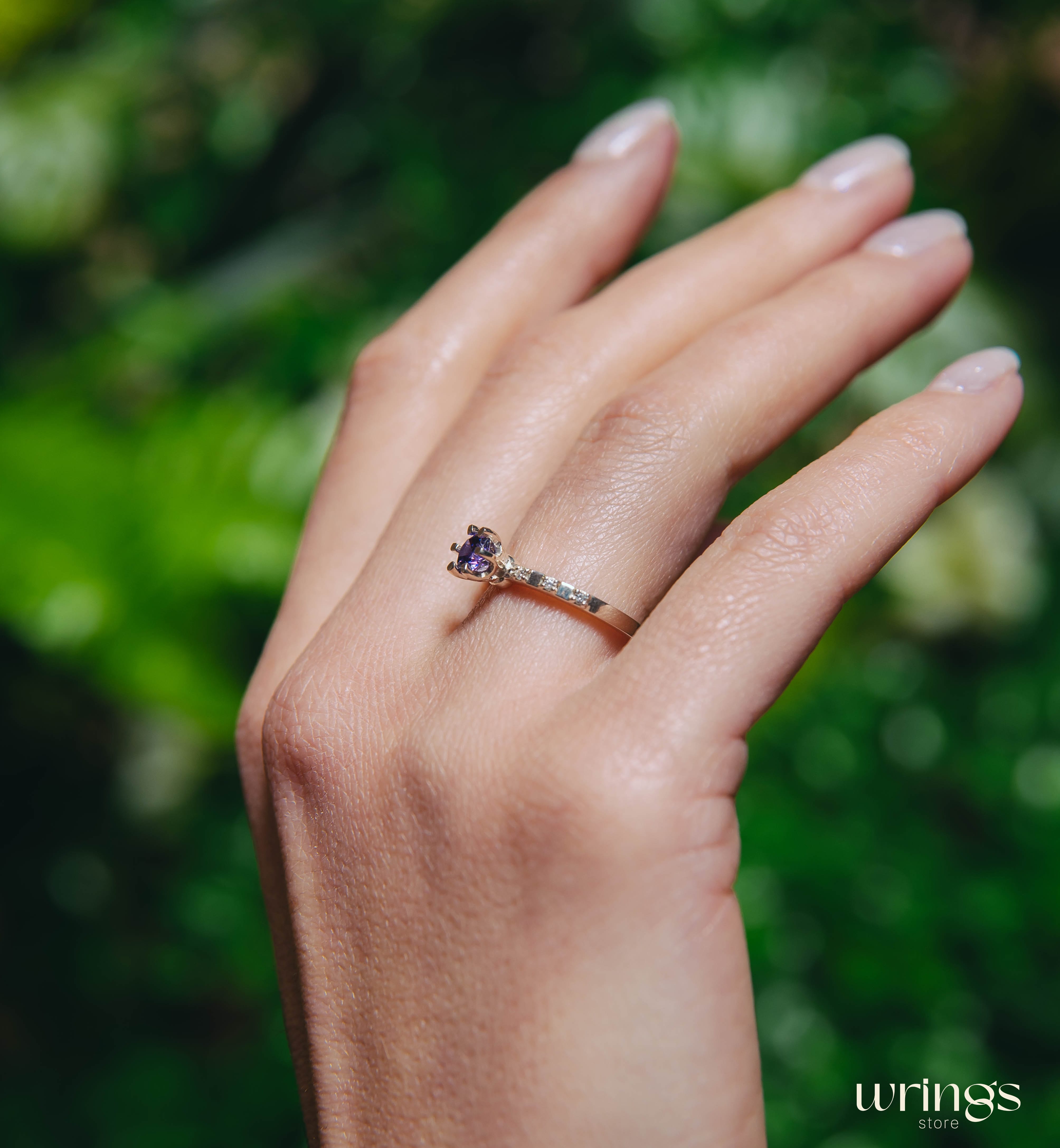 Prong Amethyst Engagement Ring Silver with Side Stones