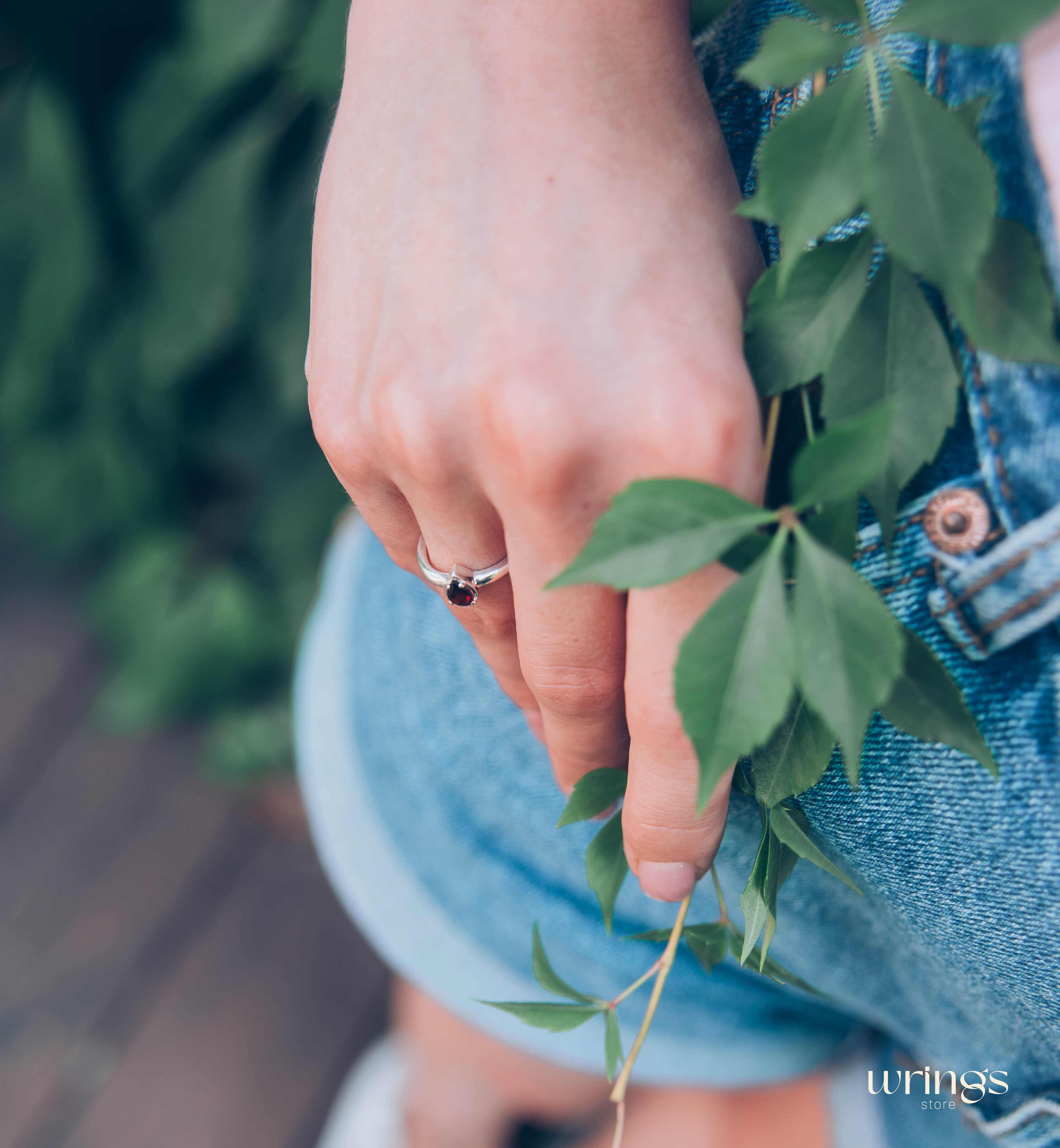Pear cut Garnet Minimalist Silver Solitaire Ring