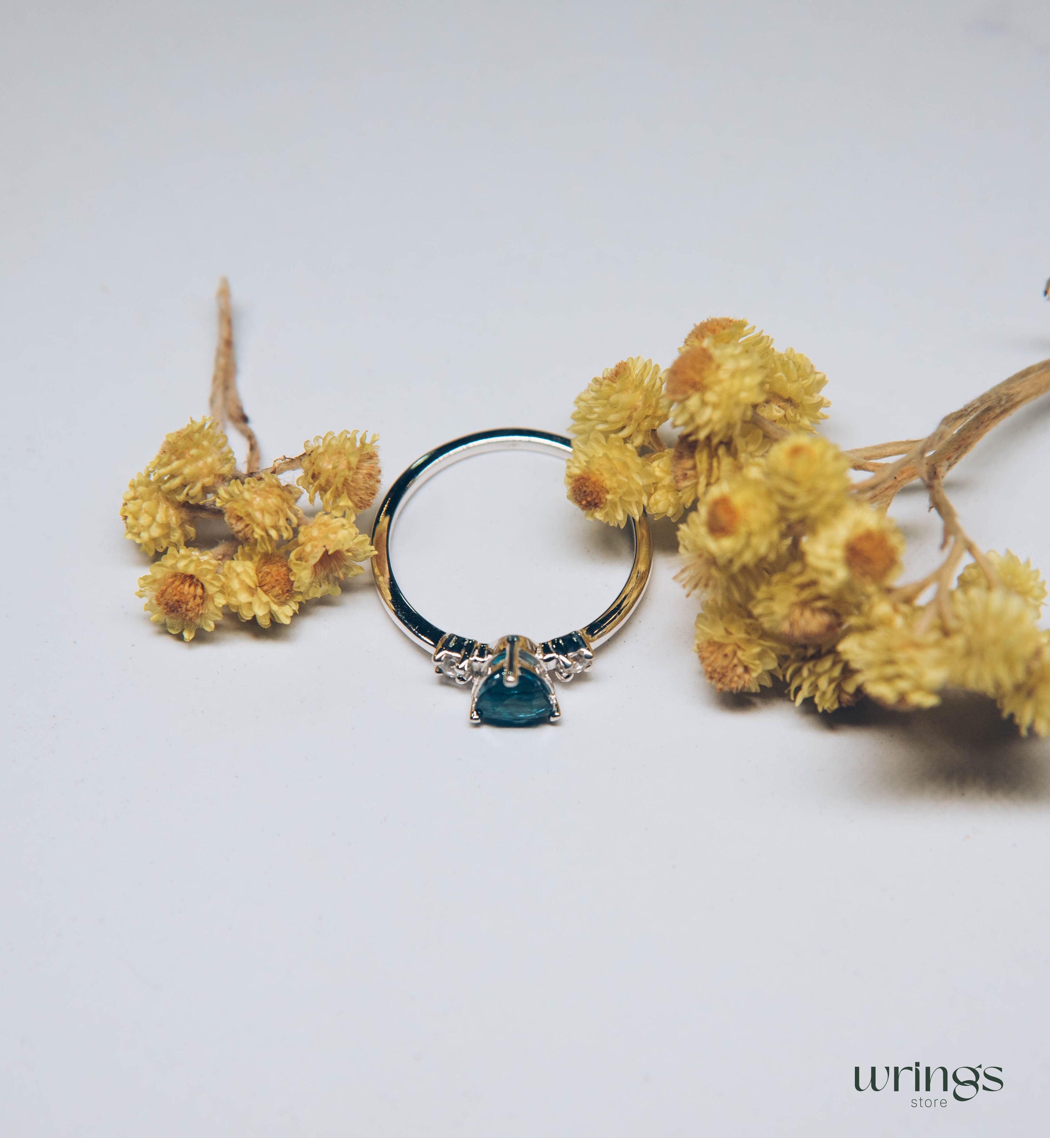 Shiny Trillion Topaz Silver 3 Stone Engagement Ring