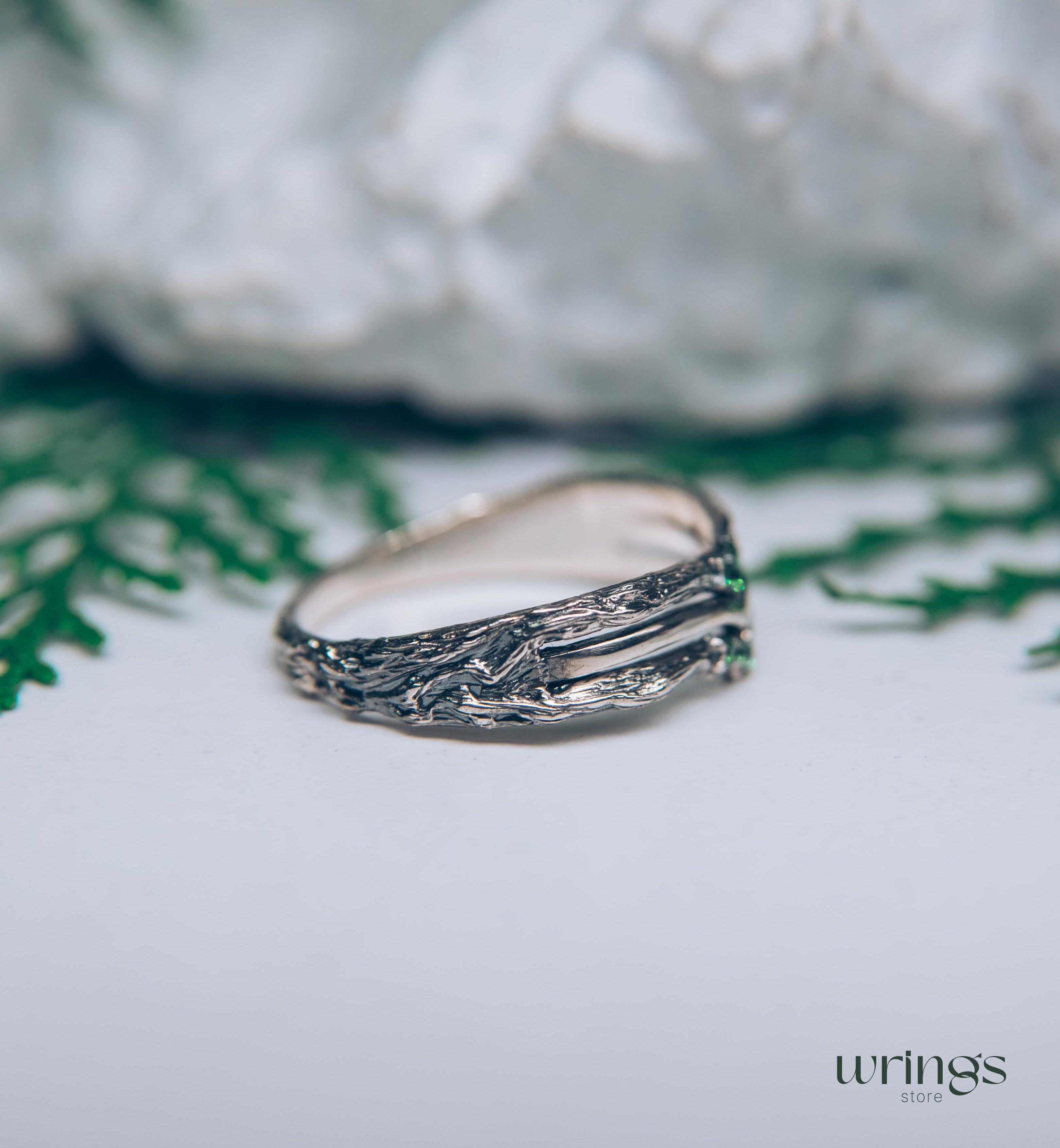 Silver Chevron Wedding Ring with Cute Tiny Emeralds