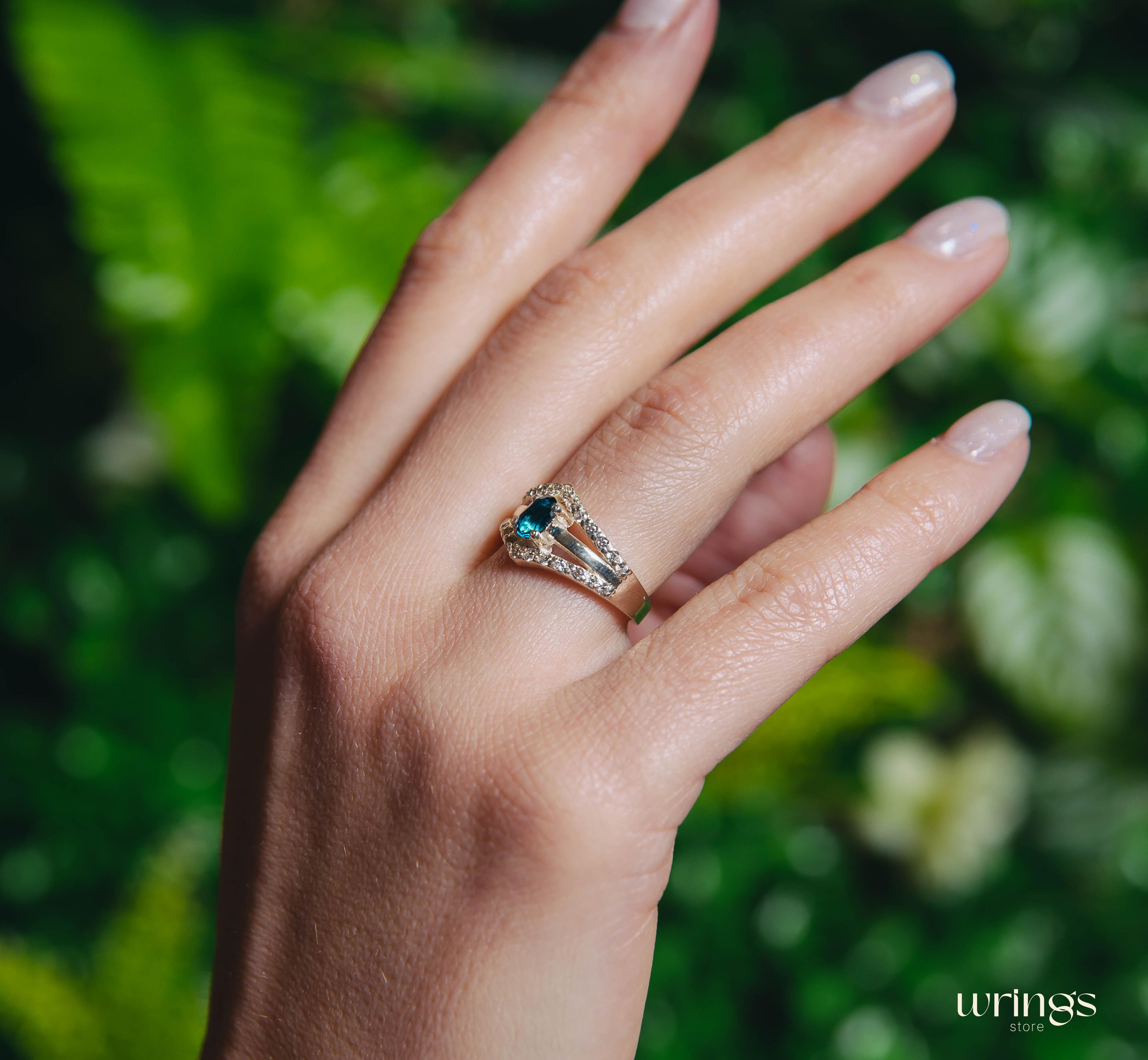 Oval Blue Topaz Engagement Ring Double V-shaped Band