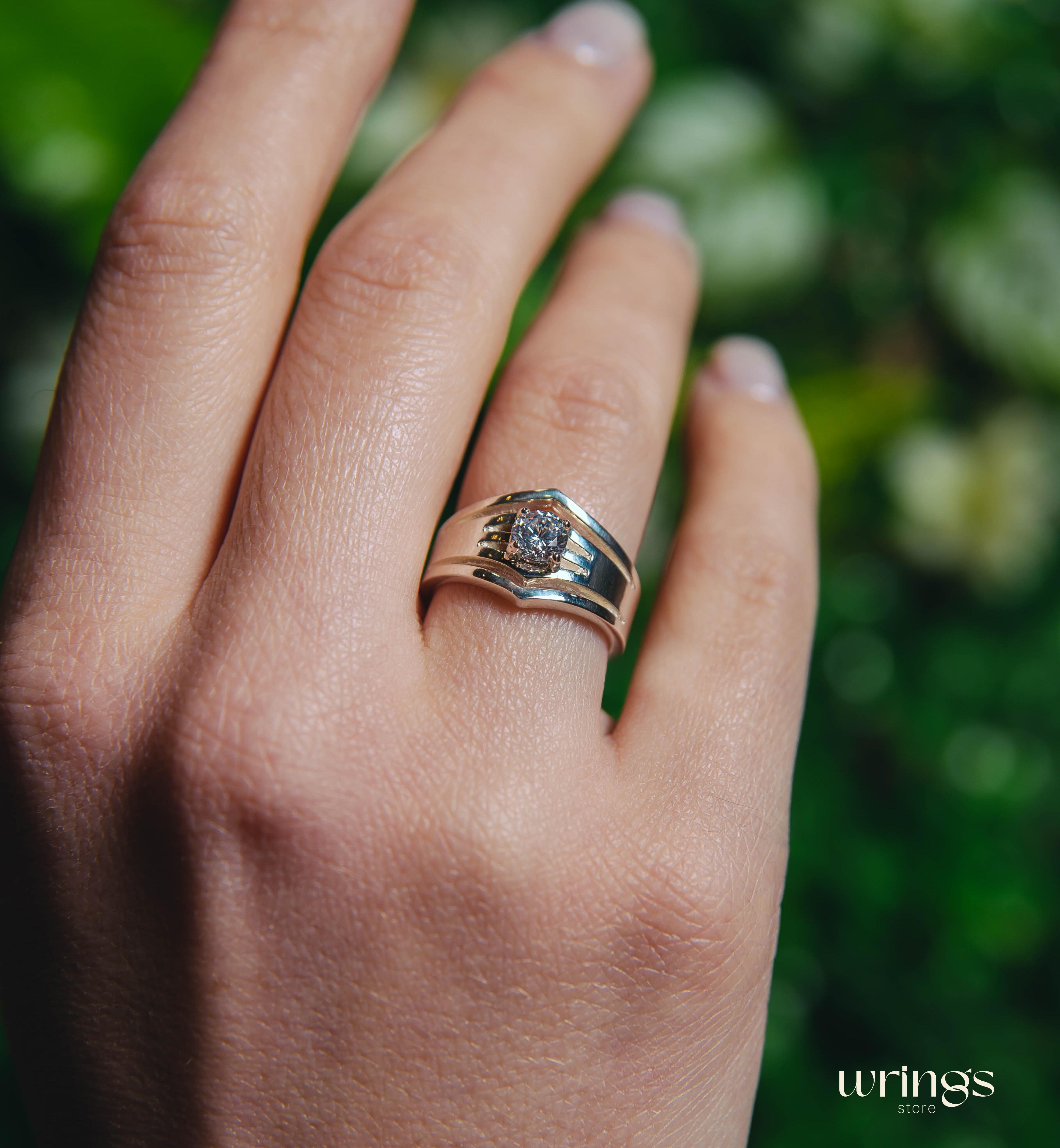 Cocktail Silver Chevron Band with Round Cubic Zirconia