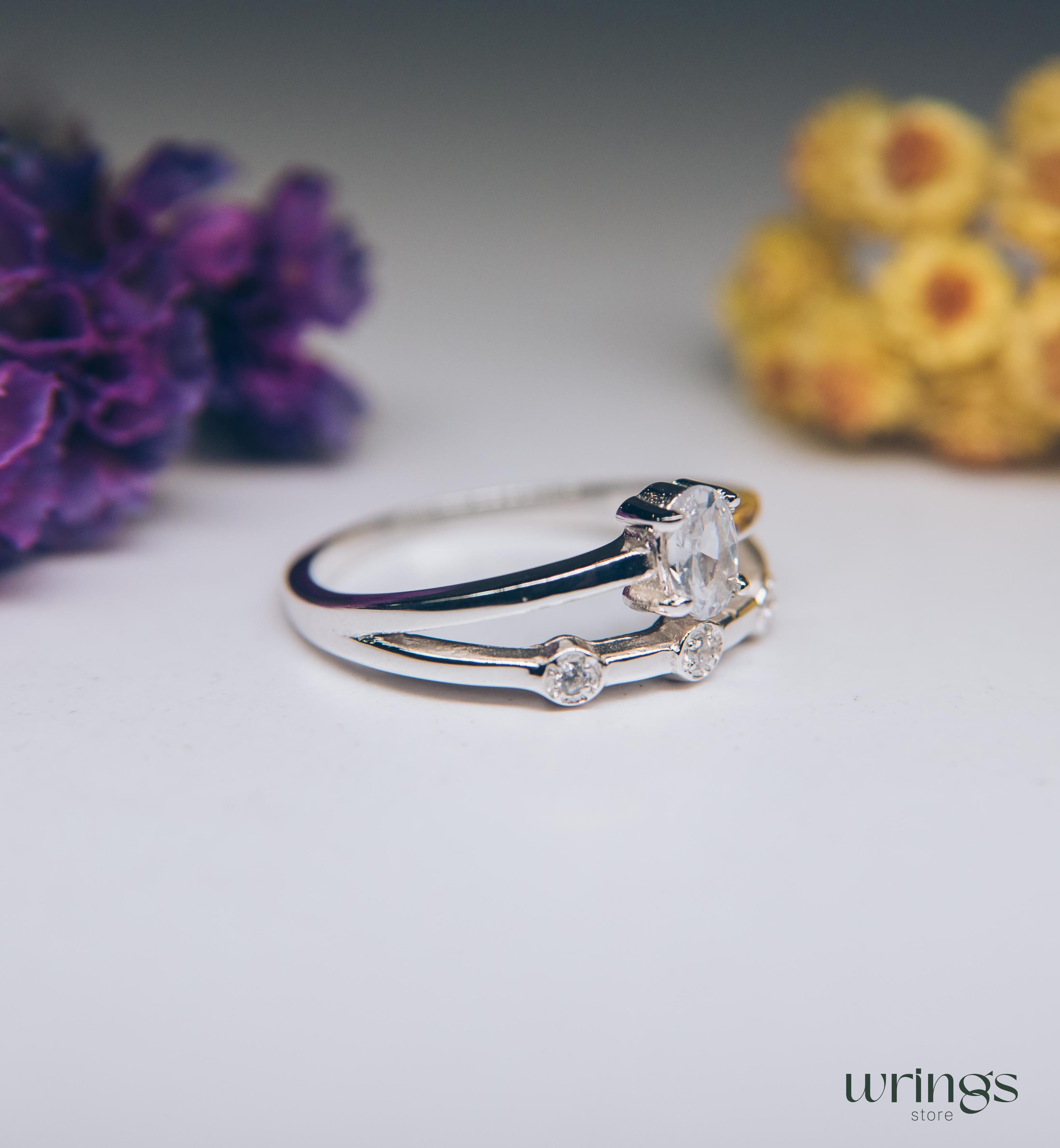 Oval Diamond CZ Double Engagement Ring Band Side Stones