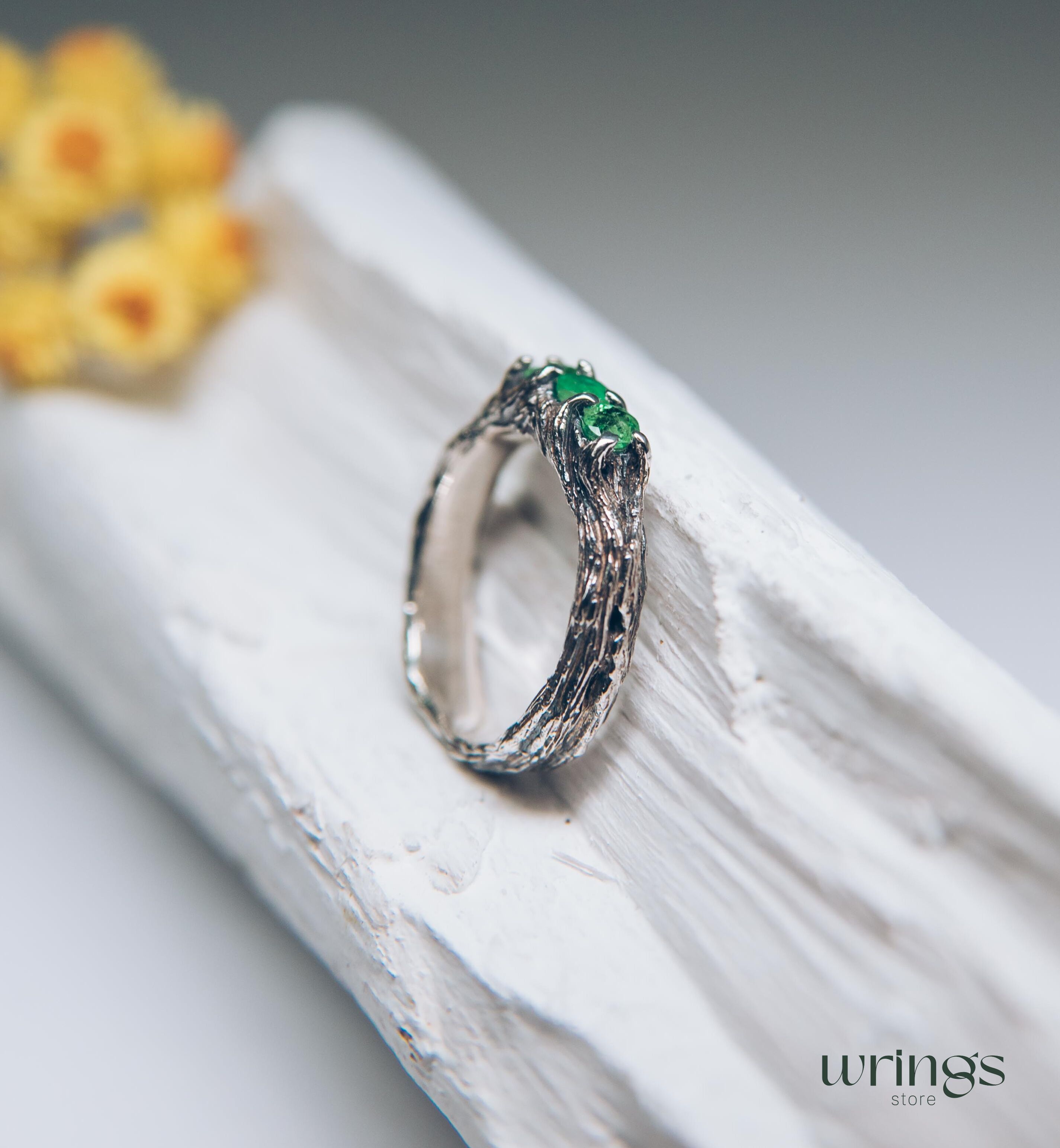 Emeralds on Branch Silver Three Stone Ring for Her