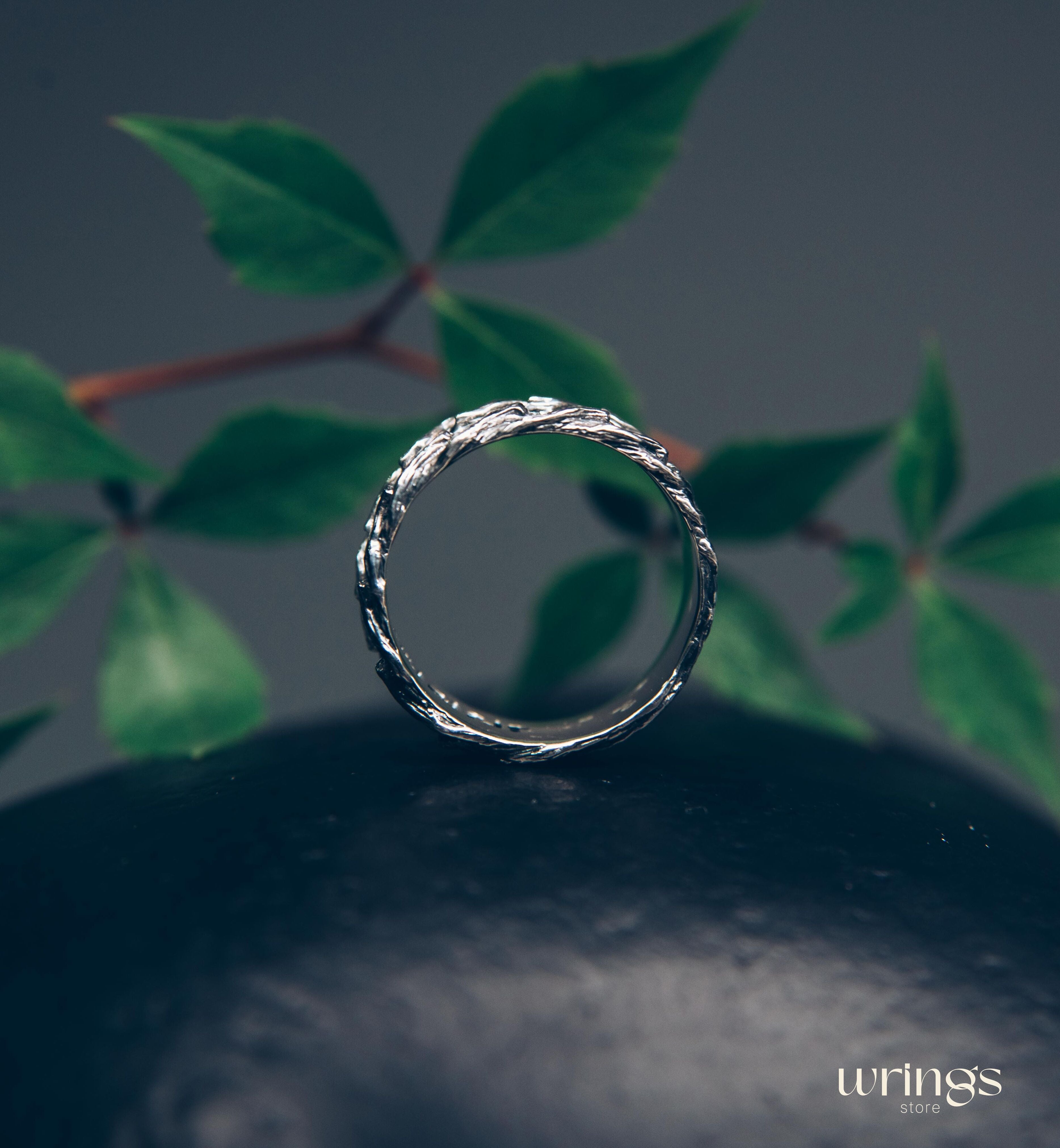 Men's Greek key & Tree bark Silver Wedding Band