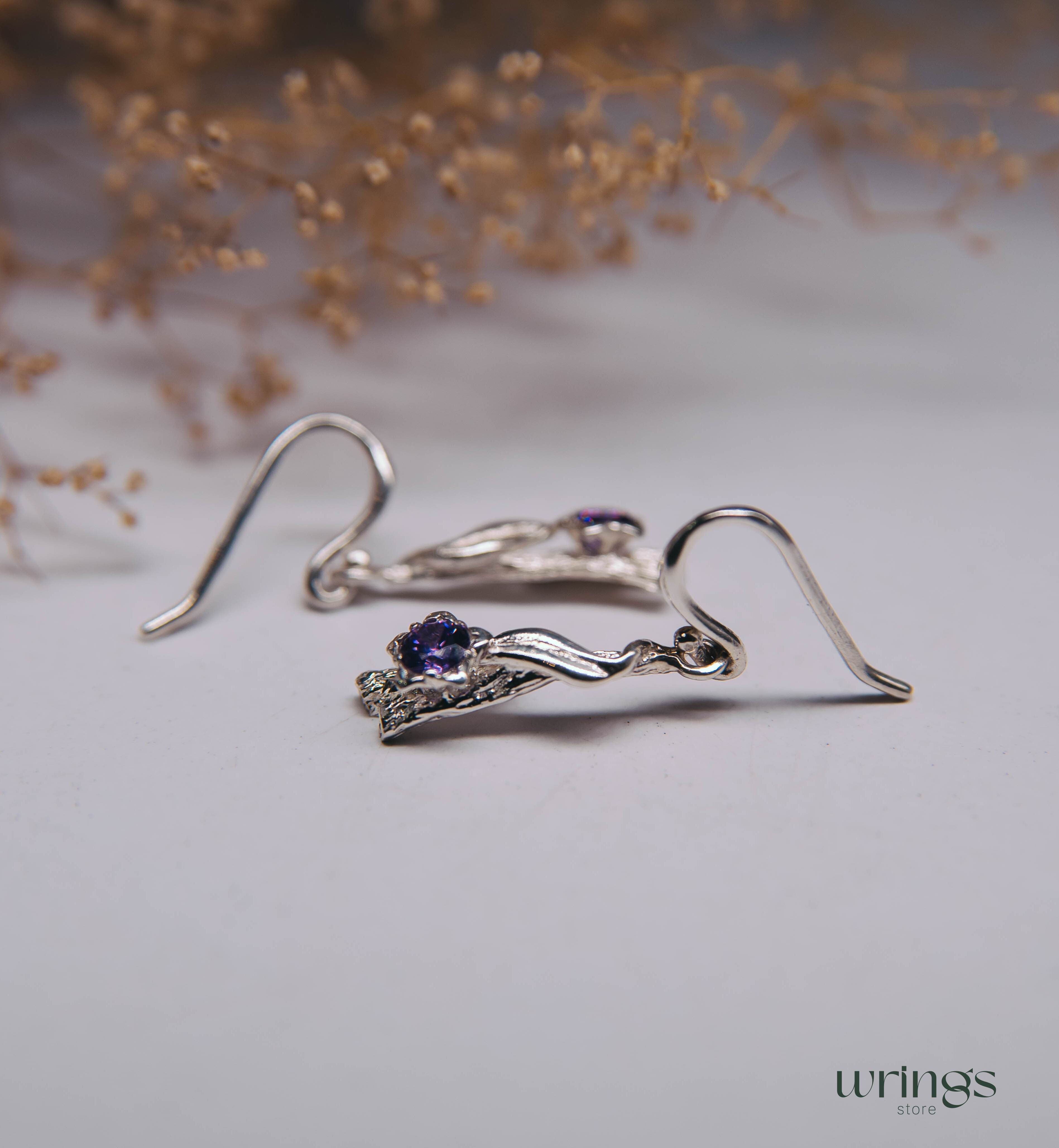 Amethyst Nature Earrings Flower Leaf and Branch Silver