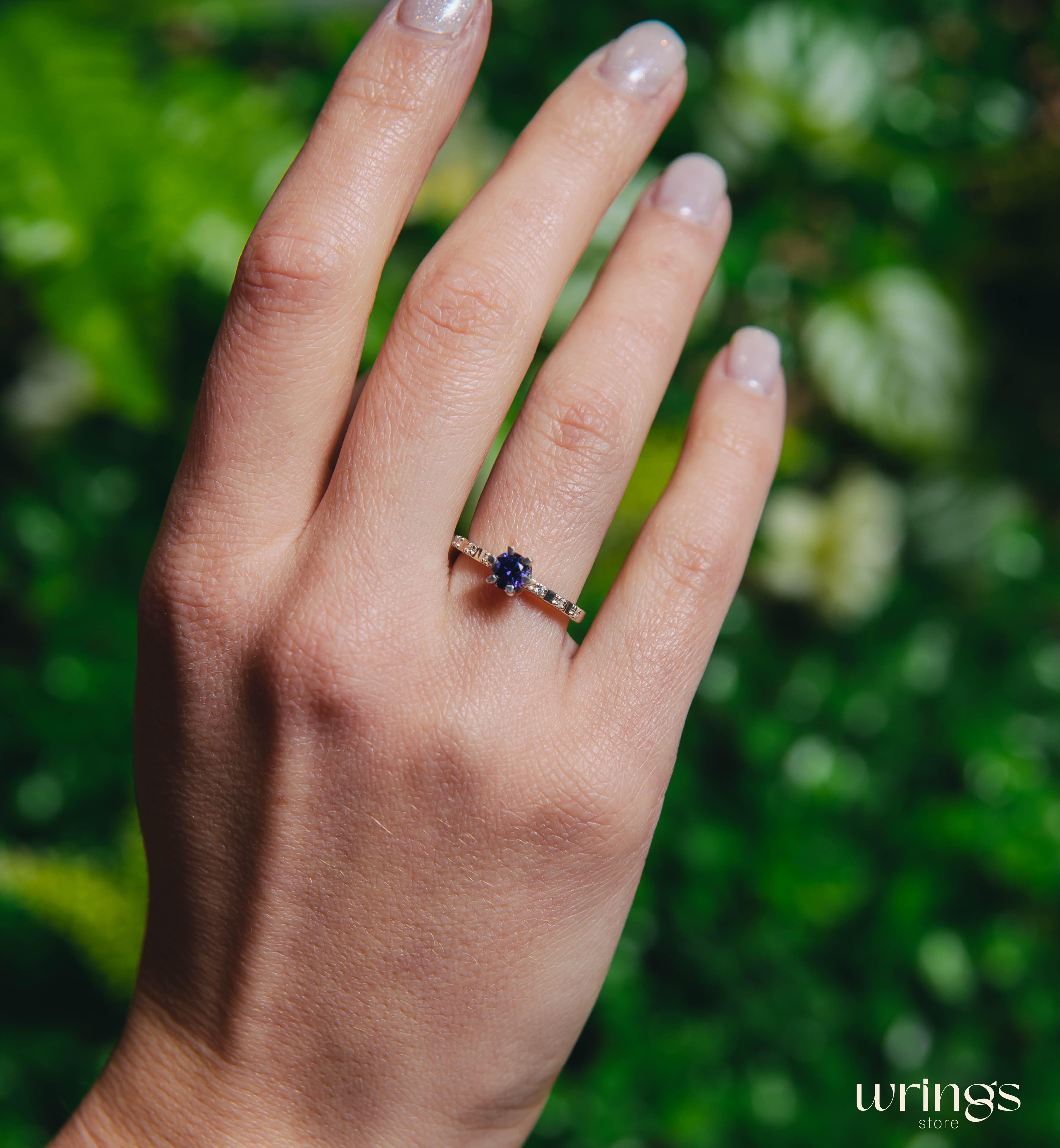 Prong Amethyst Engagement Ring Silver with Side Stones