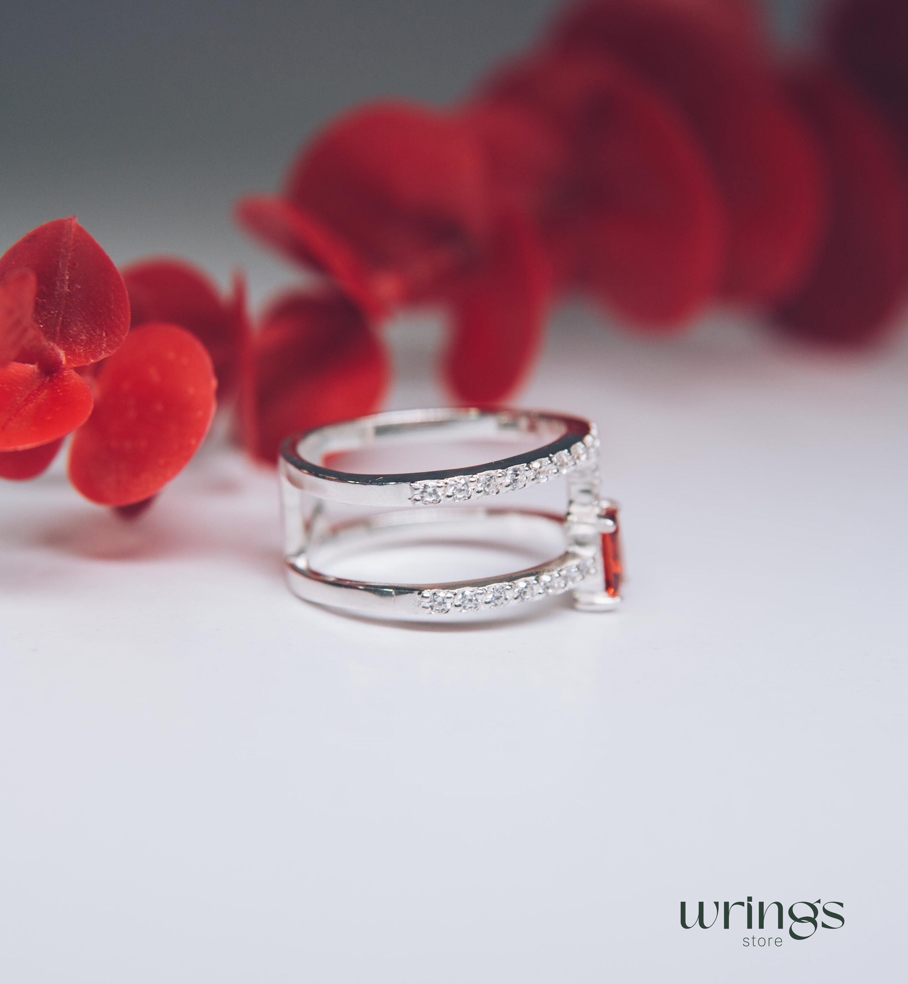 Garnet Two Band Engagement Ring Multiple CZ Stones