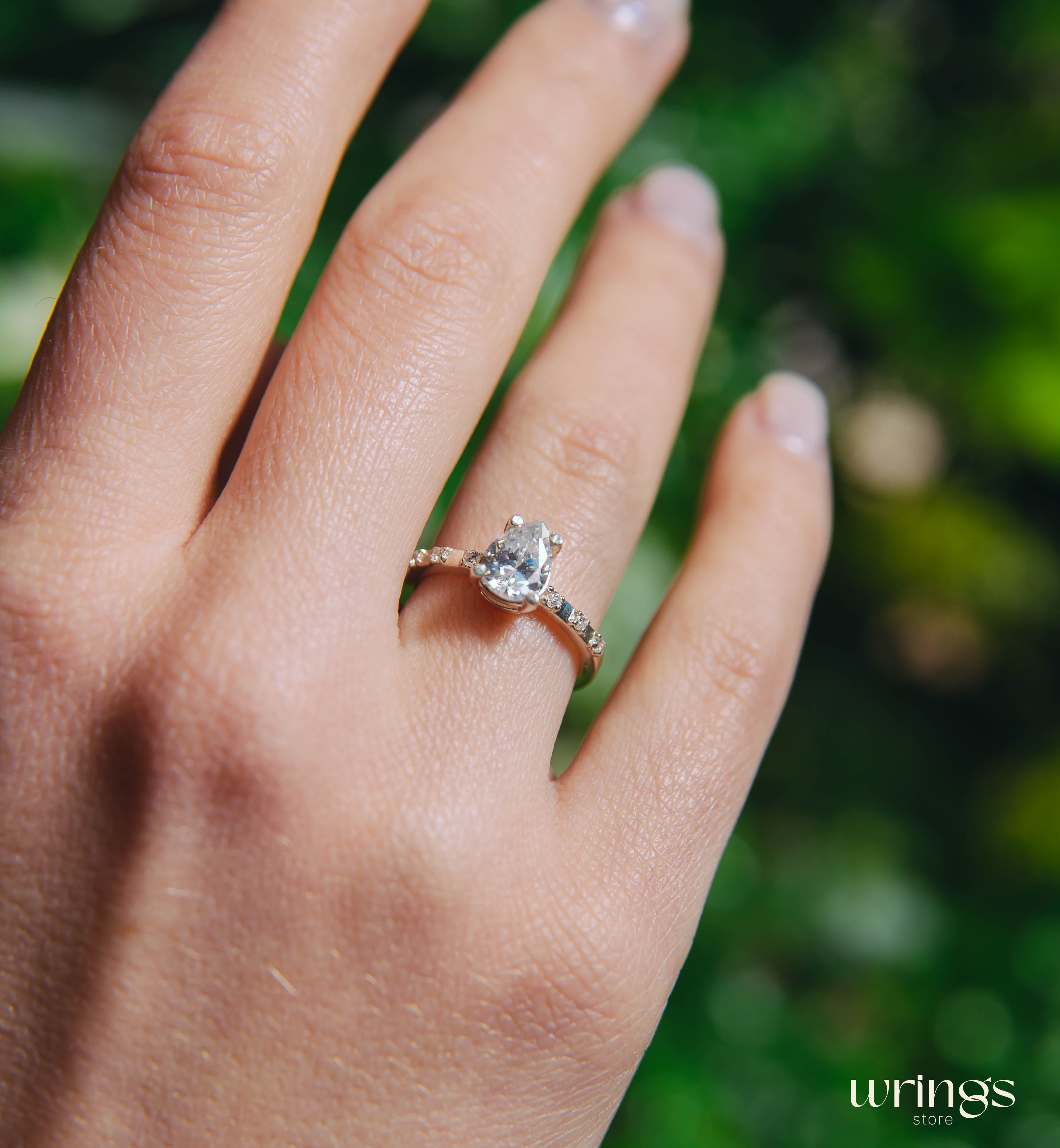Large Pear Diamond CZ Engagement Ring with Side Stones