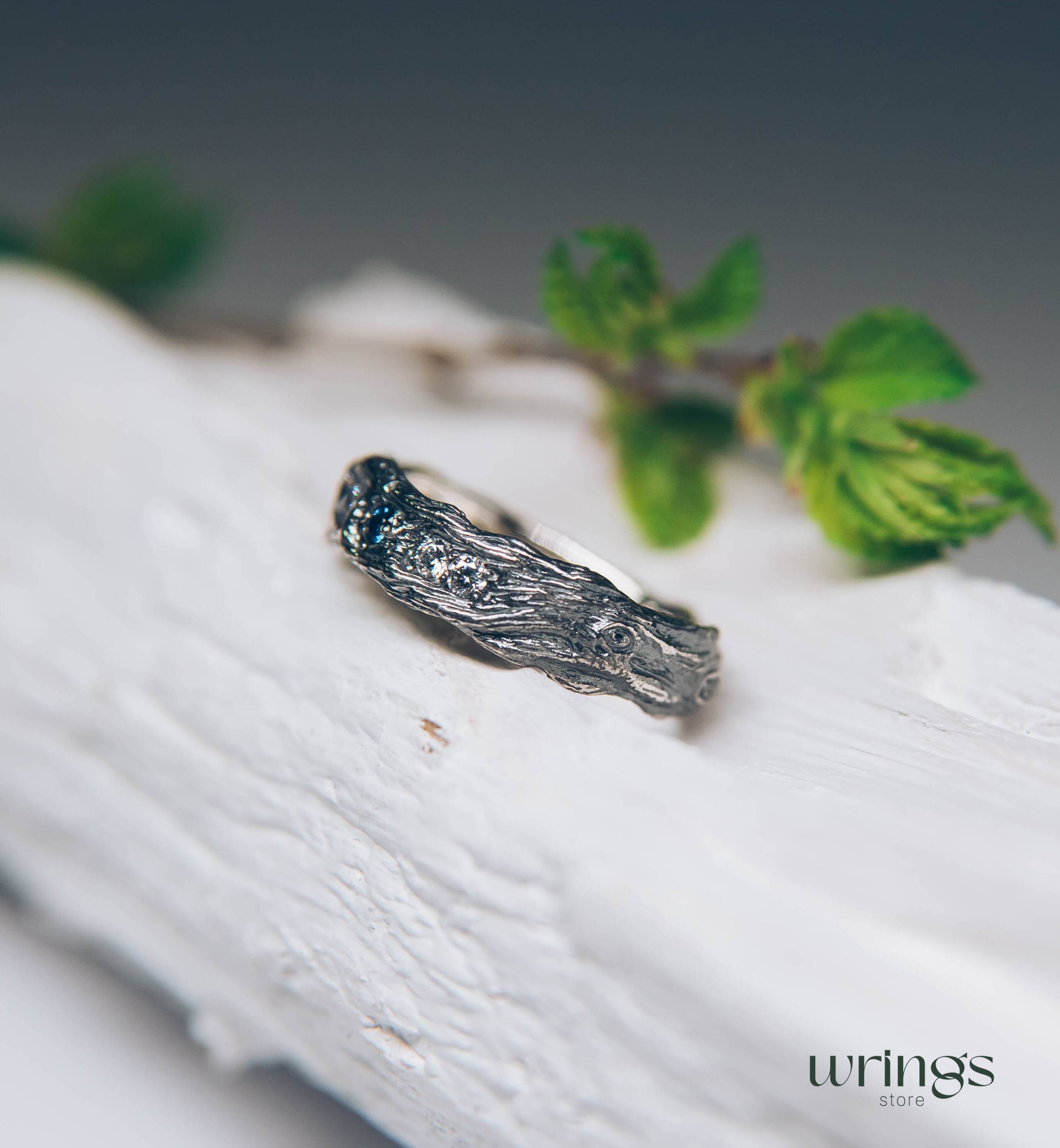 Unusual Tree Bark Sapphire Wedding Ring adorned with side CZ Accents