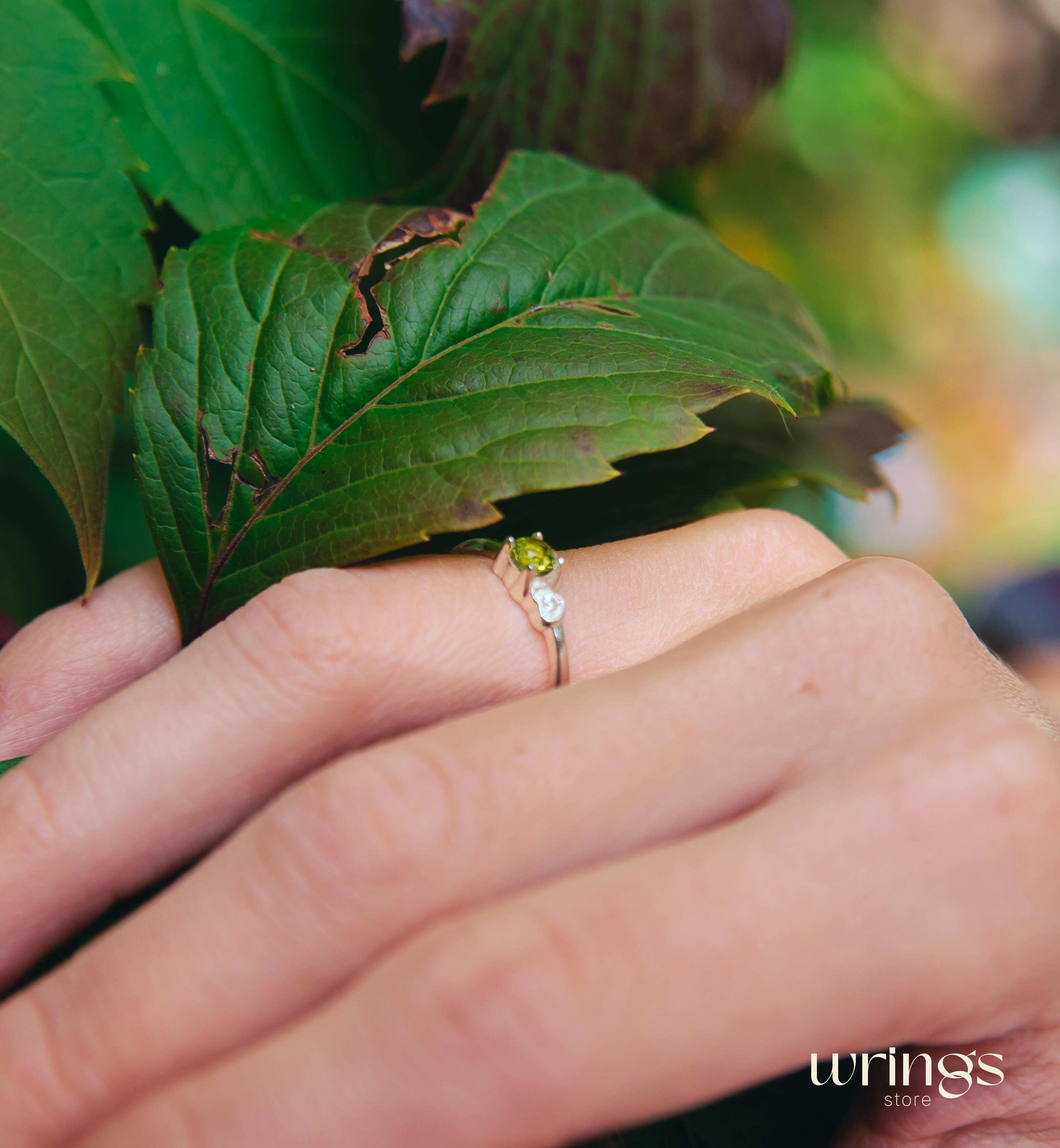 Round Peridot Silver Ring & White Stone in Side Heart