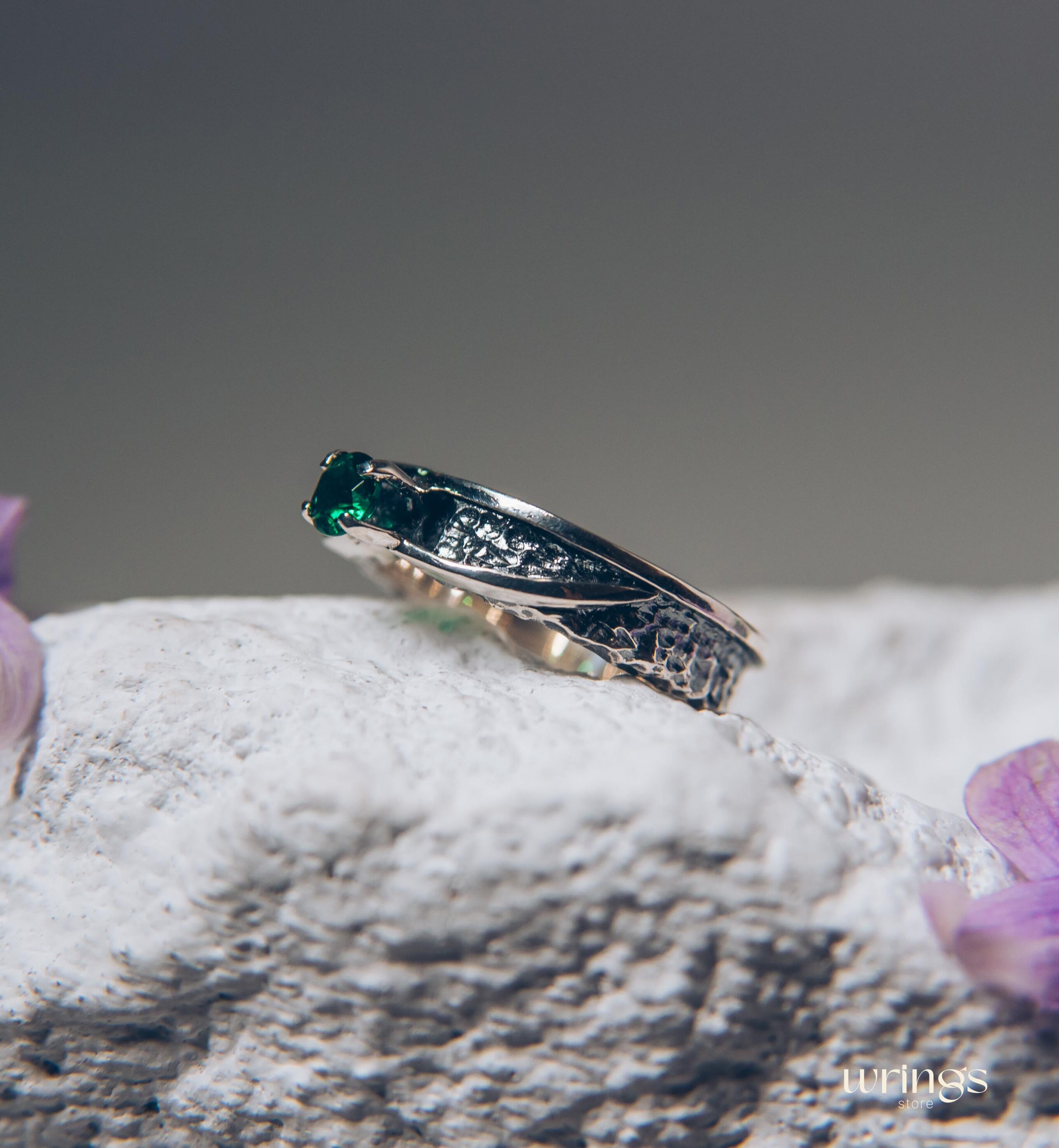 Avant garde Silver Hammered Engagement Ring with Emerald