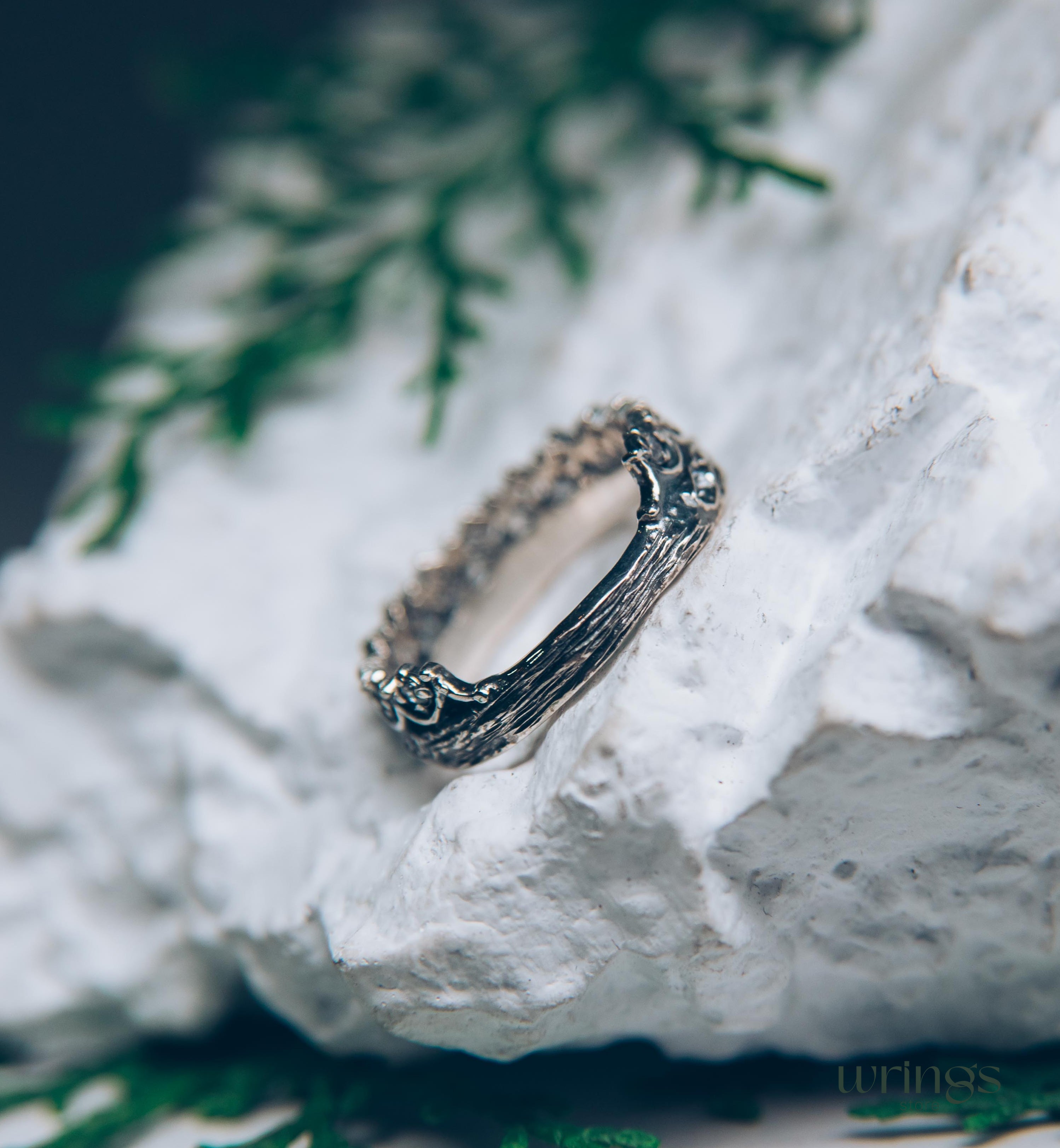 Princess Crown Wedding Ring with Gems & Twig Silver Band