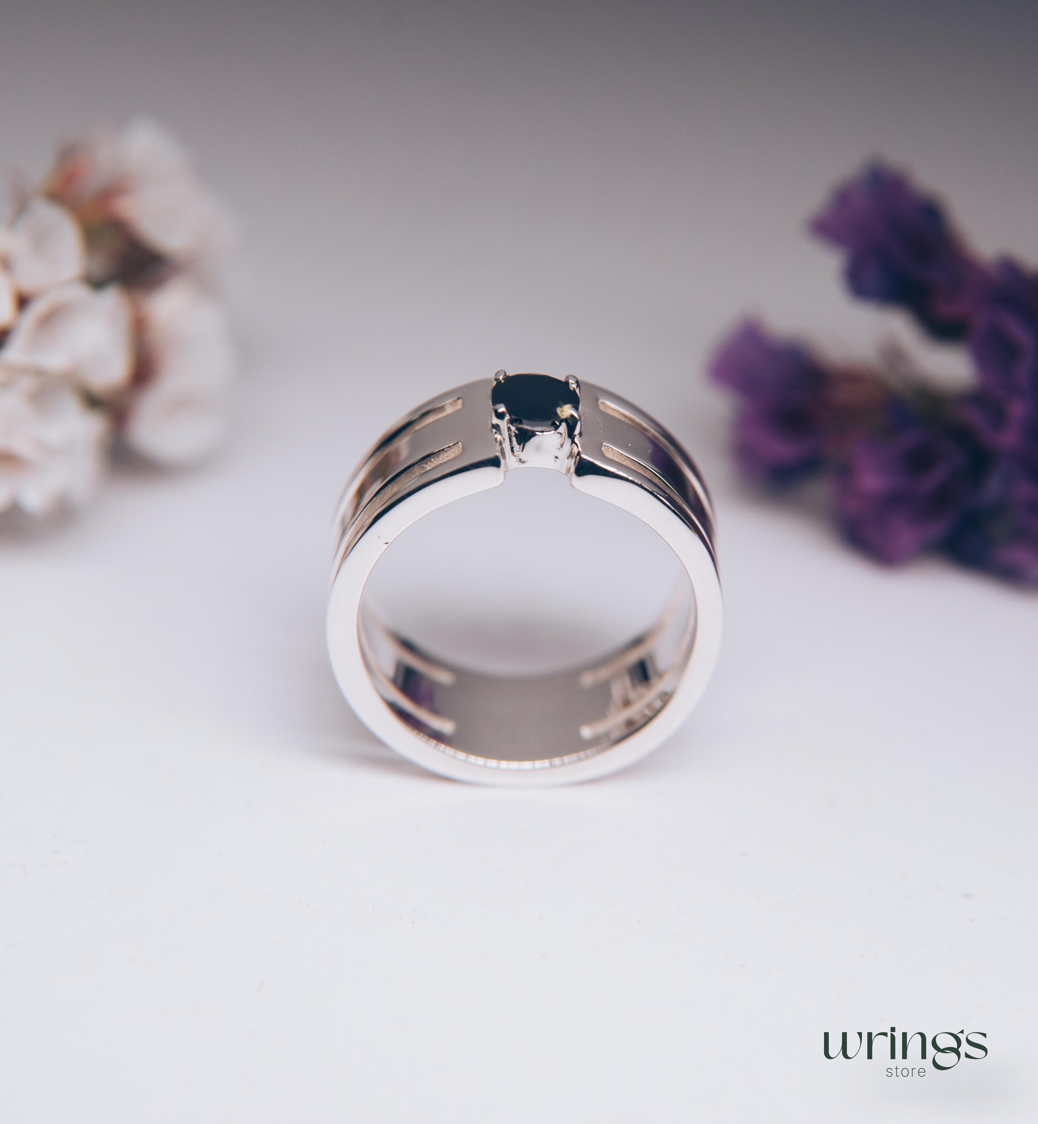 Round Black Diamond Silver Wide Band Engagement Ring