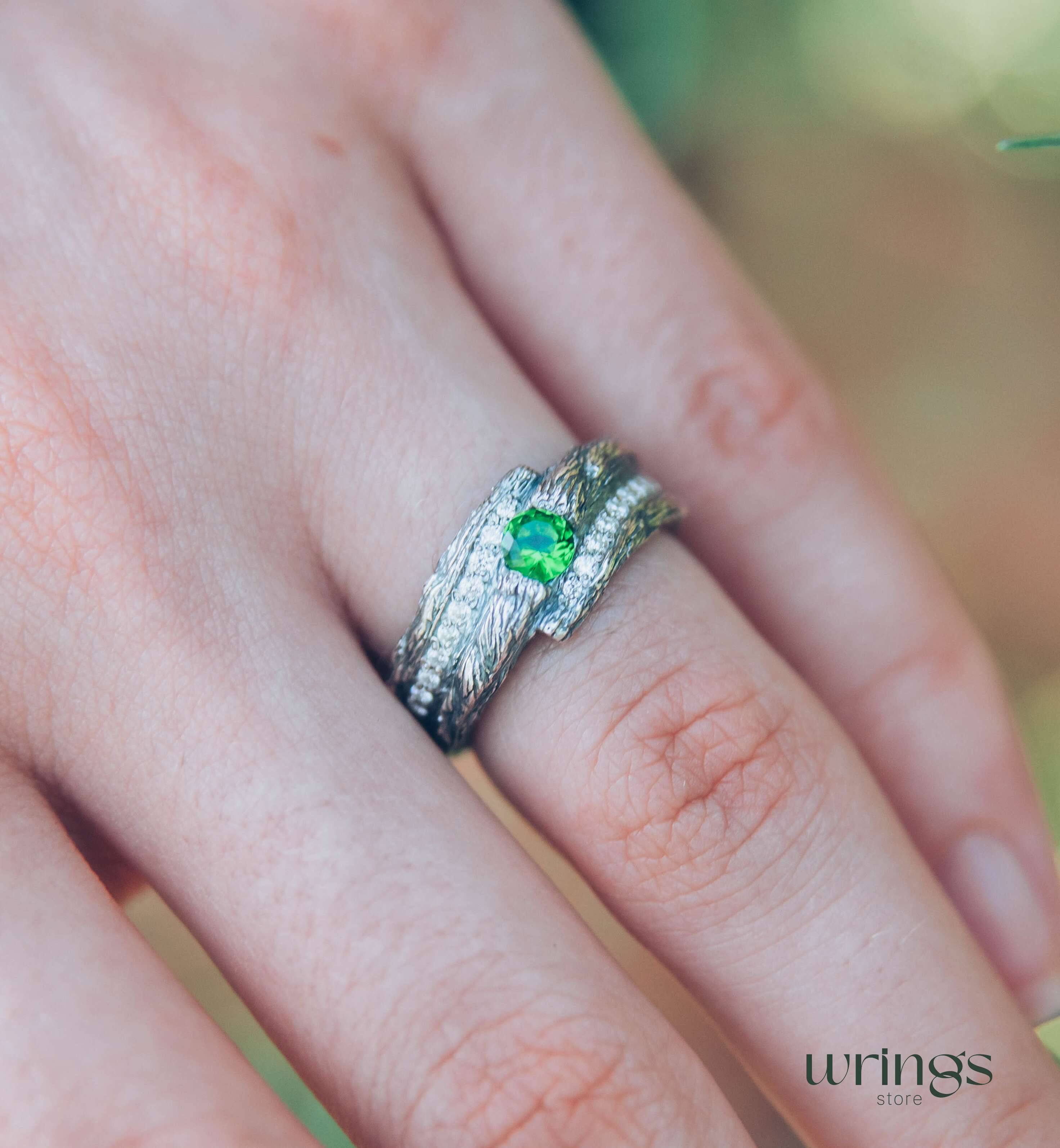 Wide Silver Branch Ring with Magic Emerald & Side CZ
