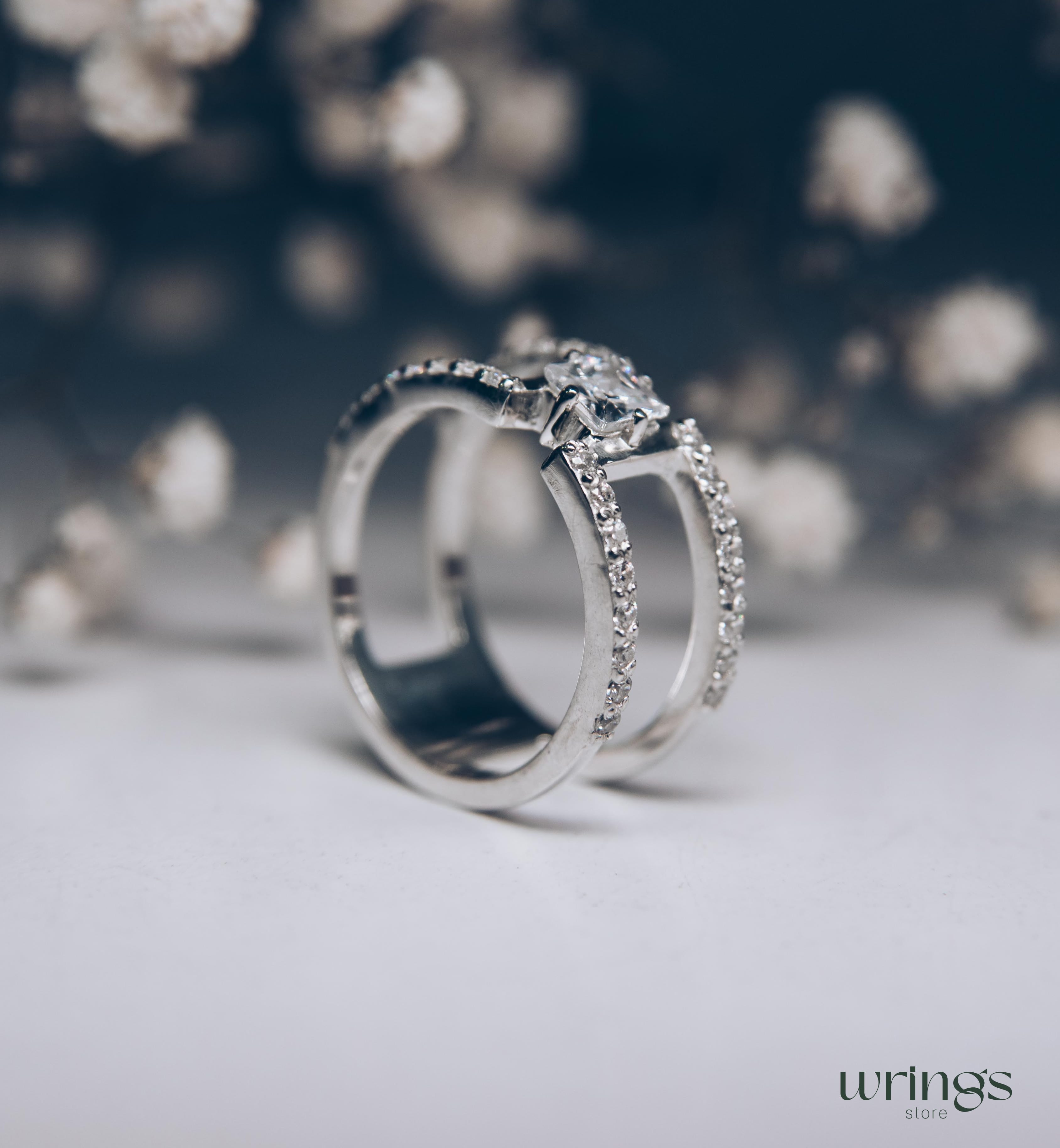 Double Band Silver Cocktail Ring Square Faux Diamond