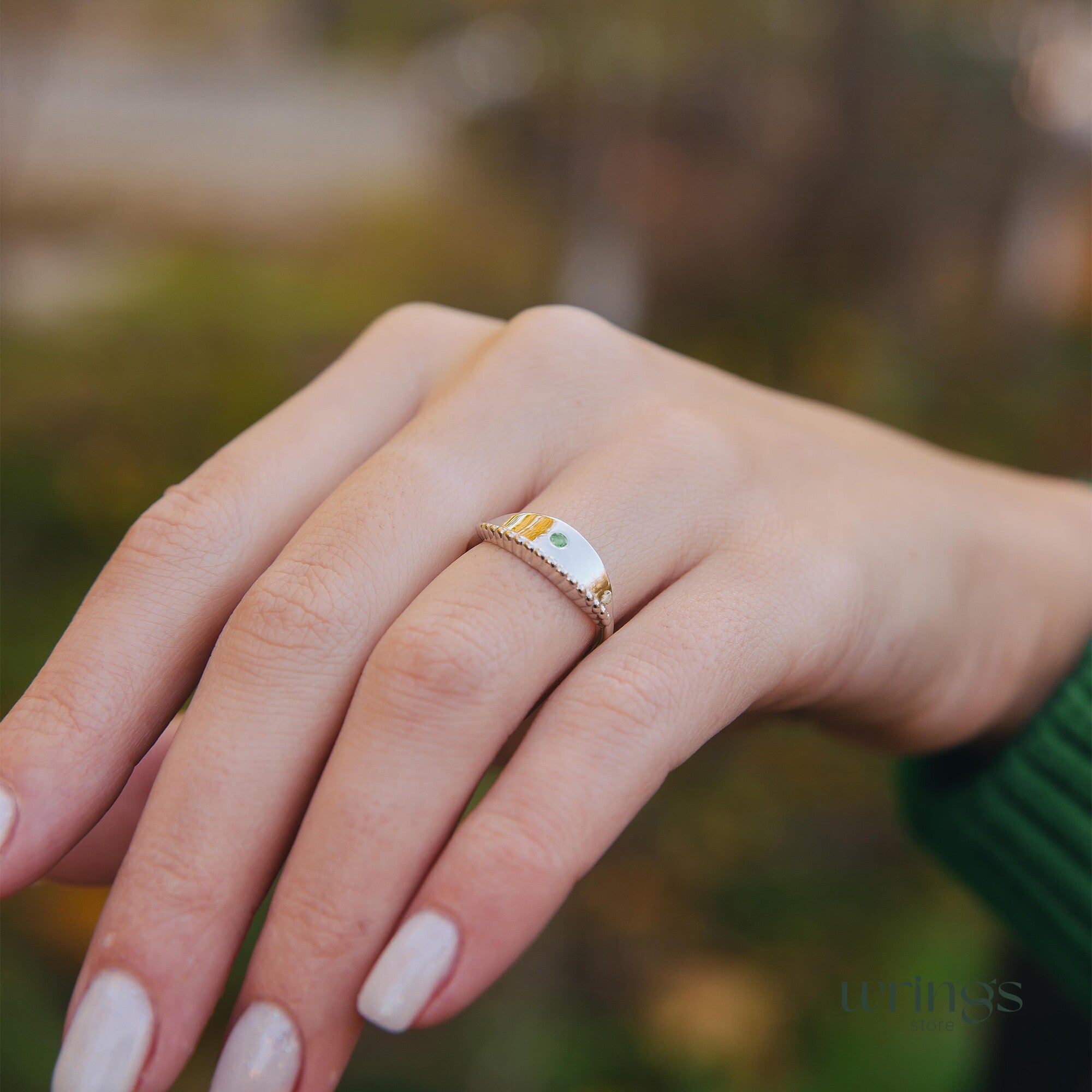 Beaded Silver & Emerald Evil Eye Ring Boho Style