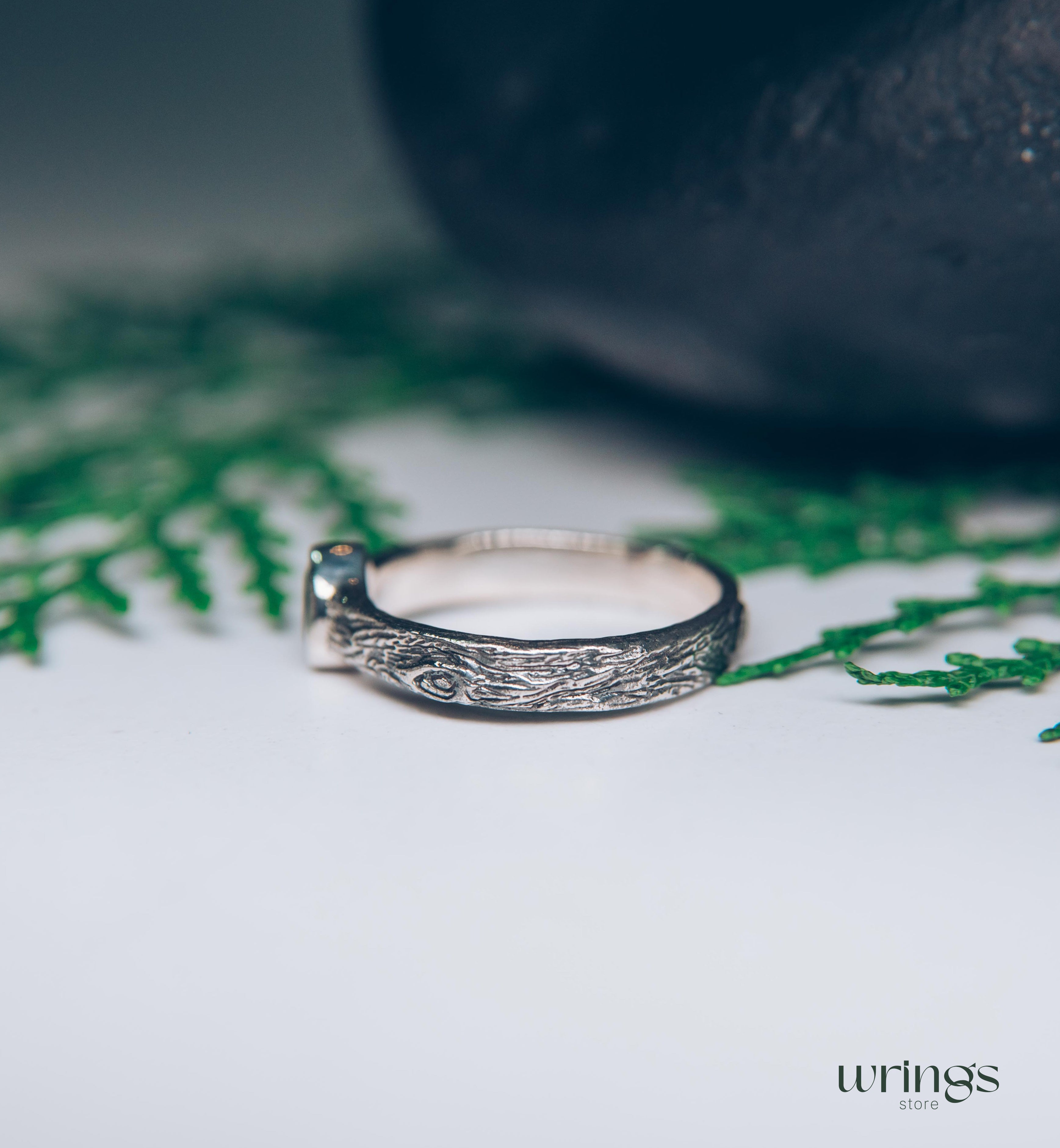 Pear cut Garnet Ring with Sterling Silver Tree bark