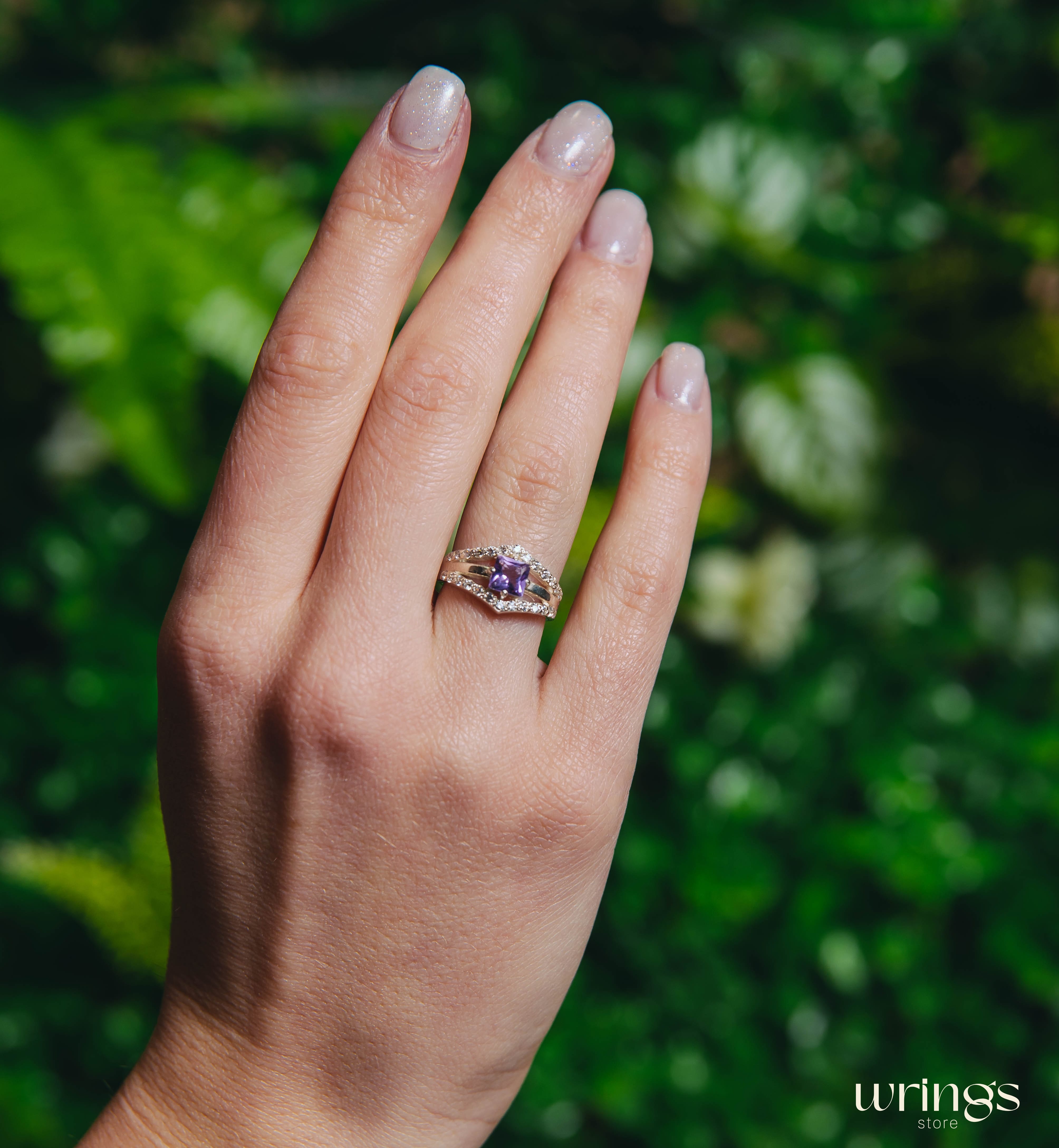 Square Amethyst Statement Ring Silver Double V shaped