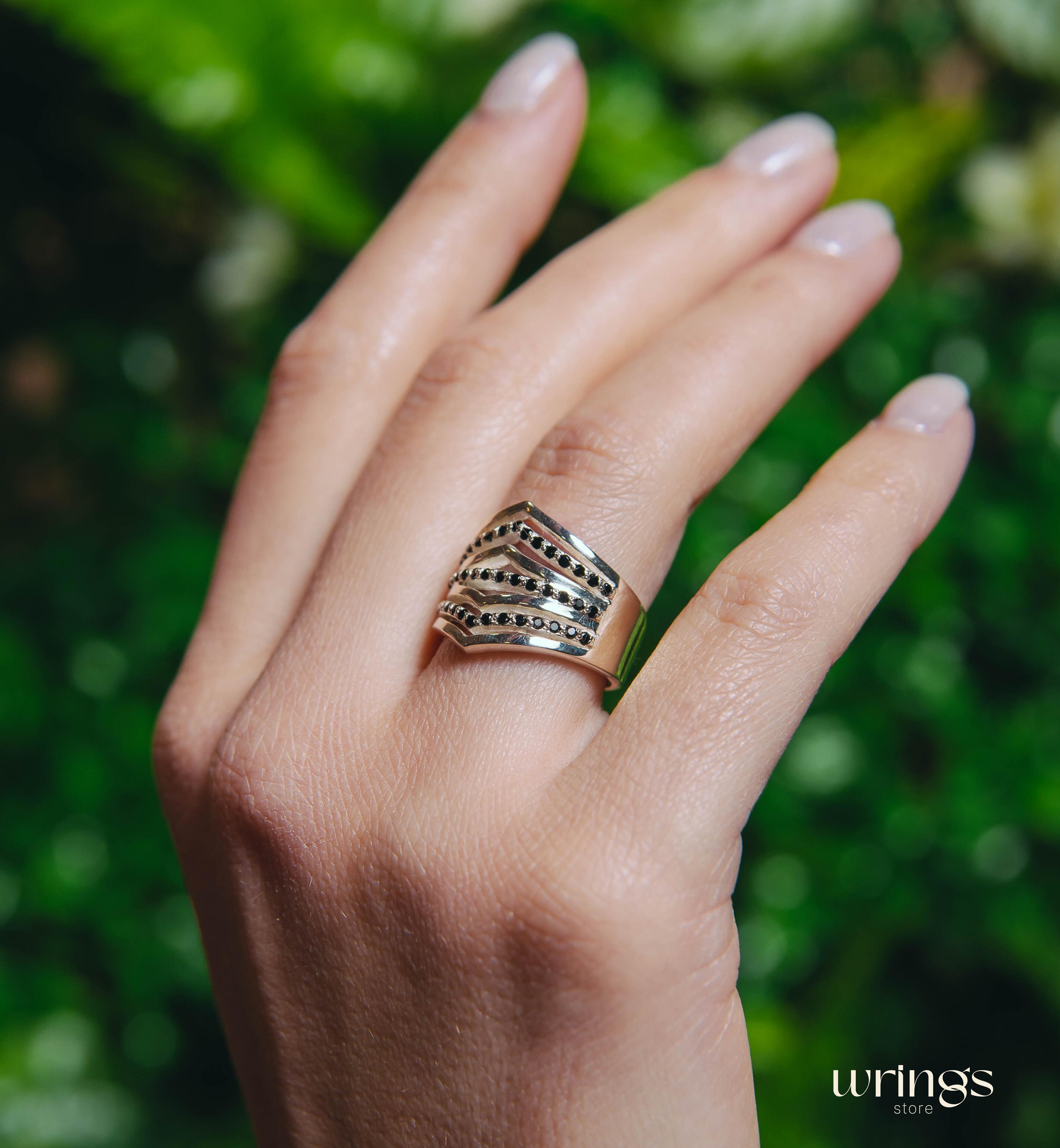 Extra Wide Silver Dome Ring Double Chevron Black Stones