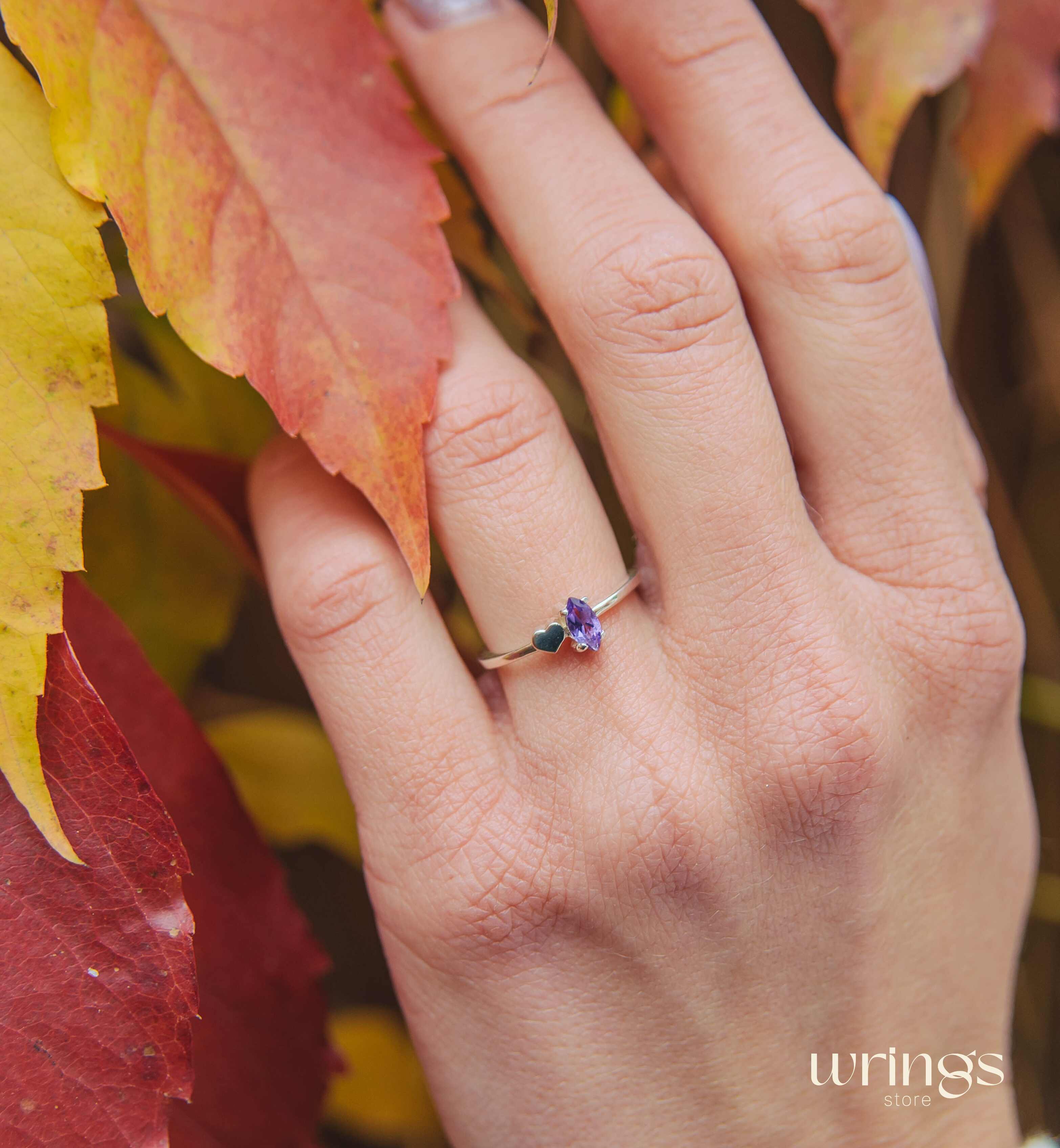 Marquise cut Amethyst Engagement Ring with Side Heart