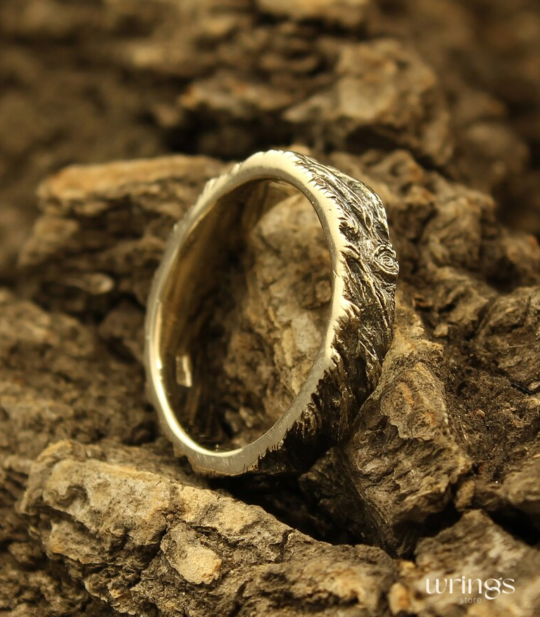 White Gold Wood Design Earthy Wedding Band Rustic Style