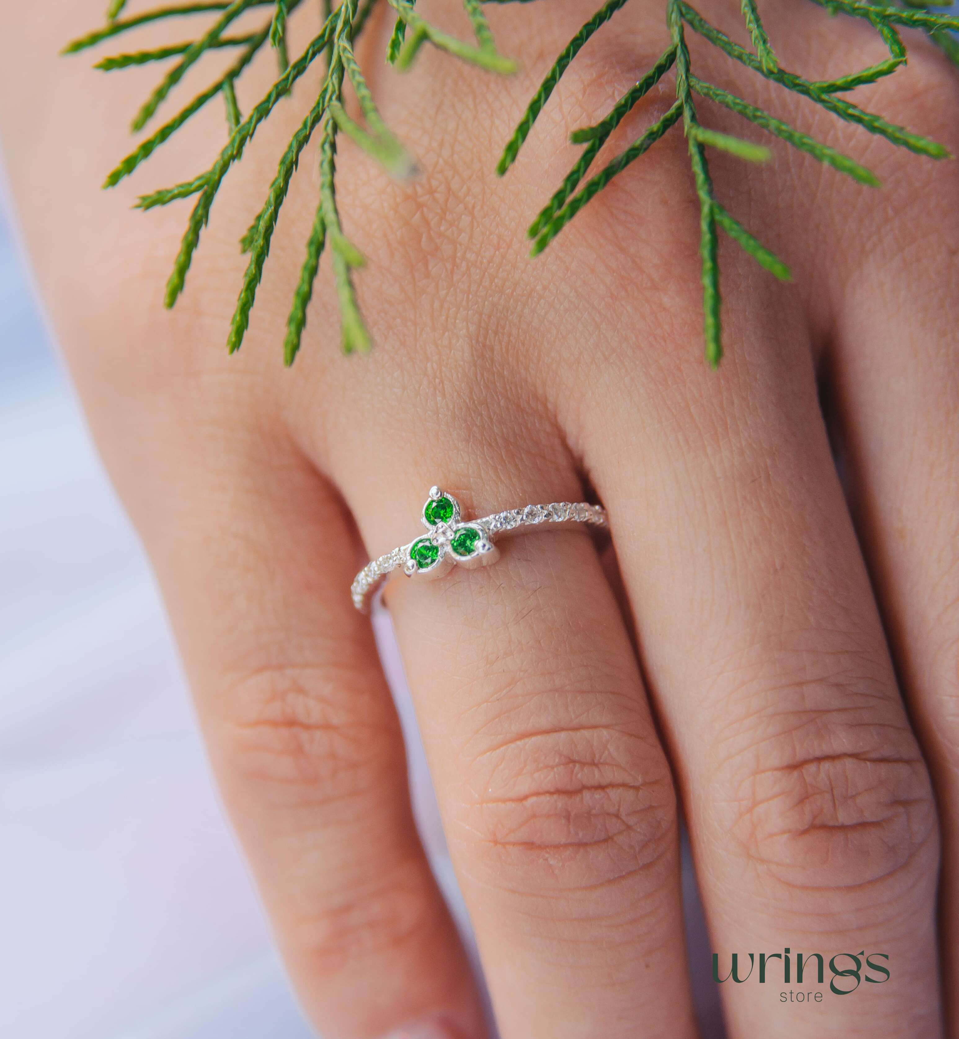 Natural Emerald Three Stone Wedding Ring with Sparkling CZ