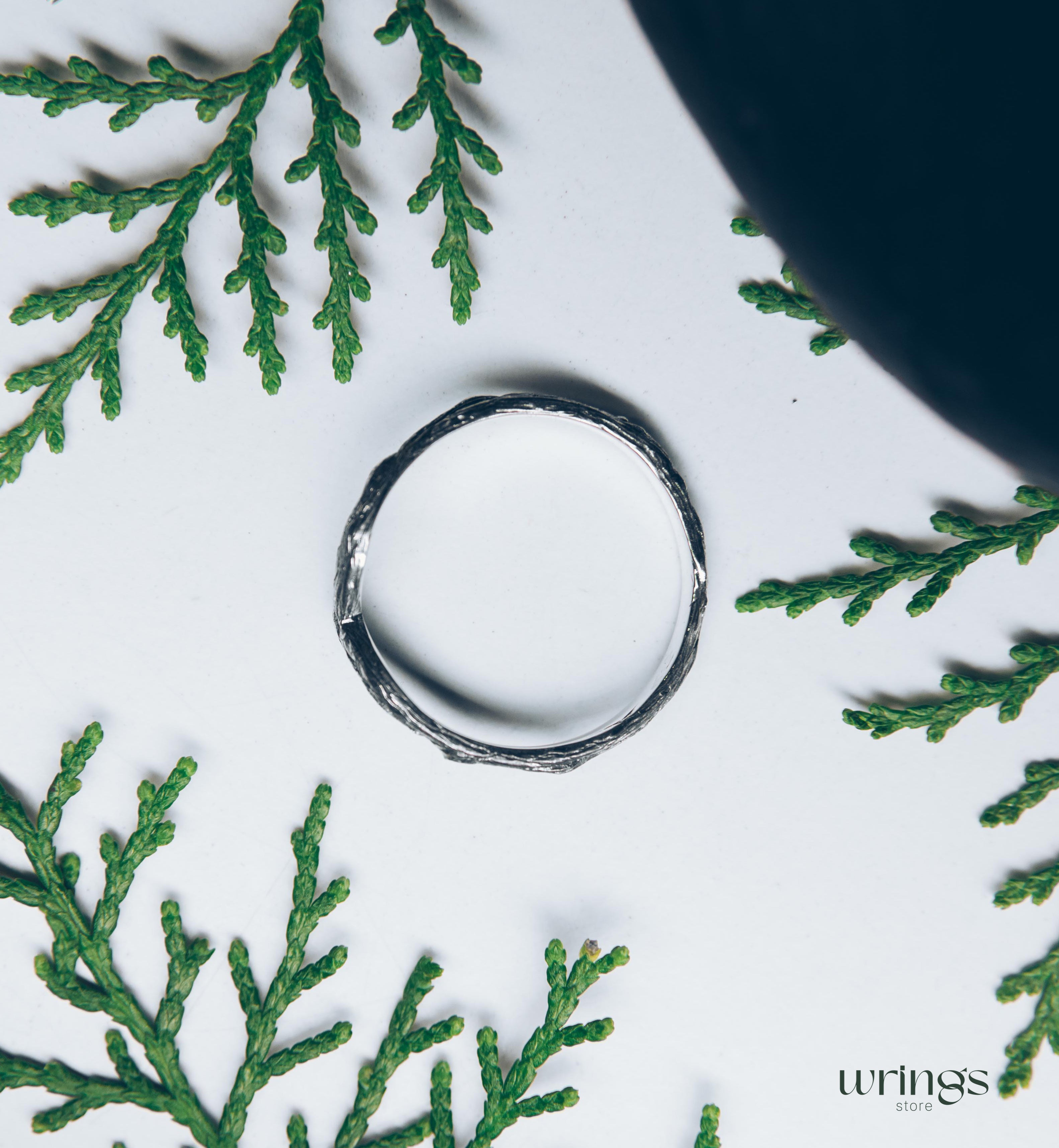 Tree bark Silver Simple Chevron Wedding Band