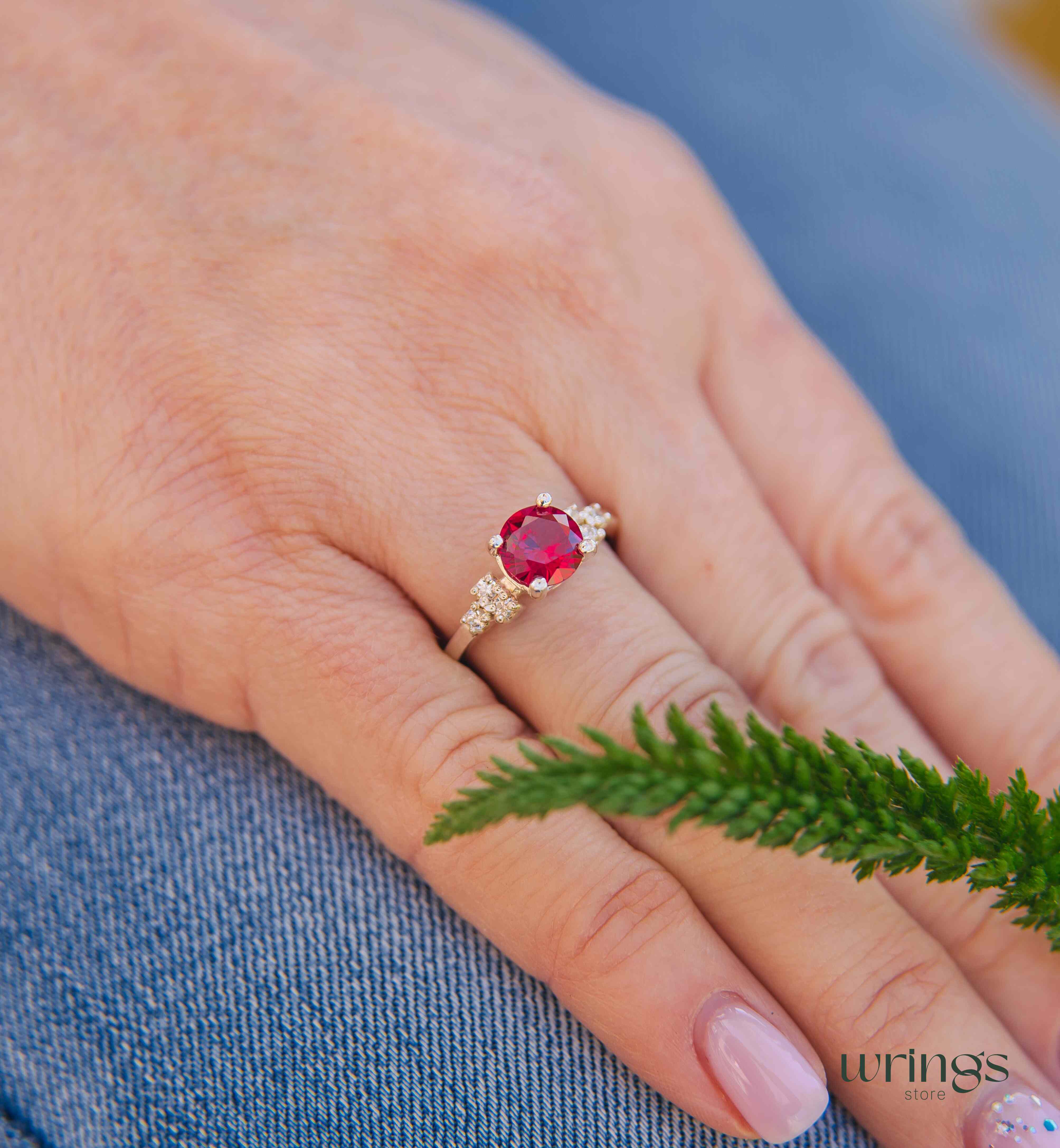 Large Simulated Ruby Engagement Ring Cluster Side Stones