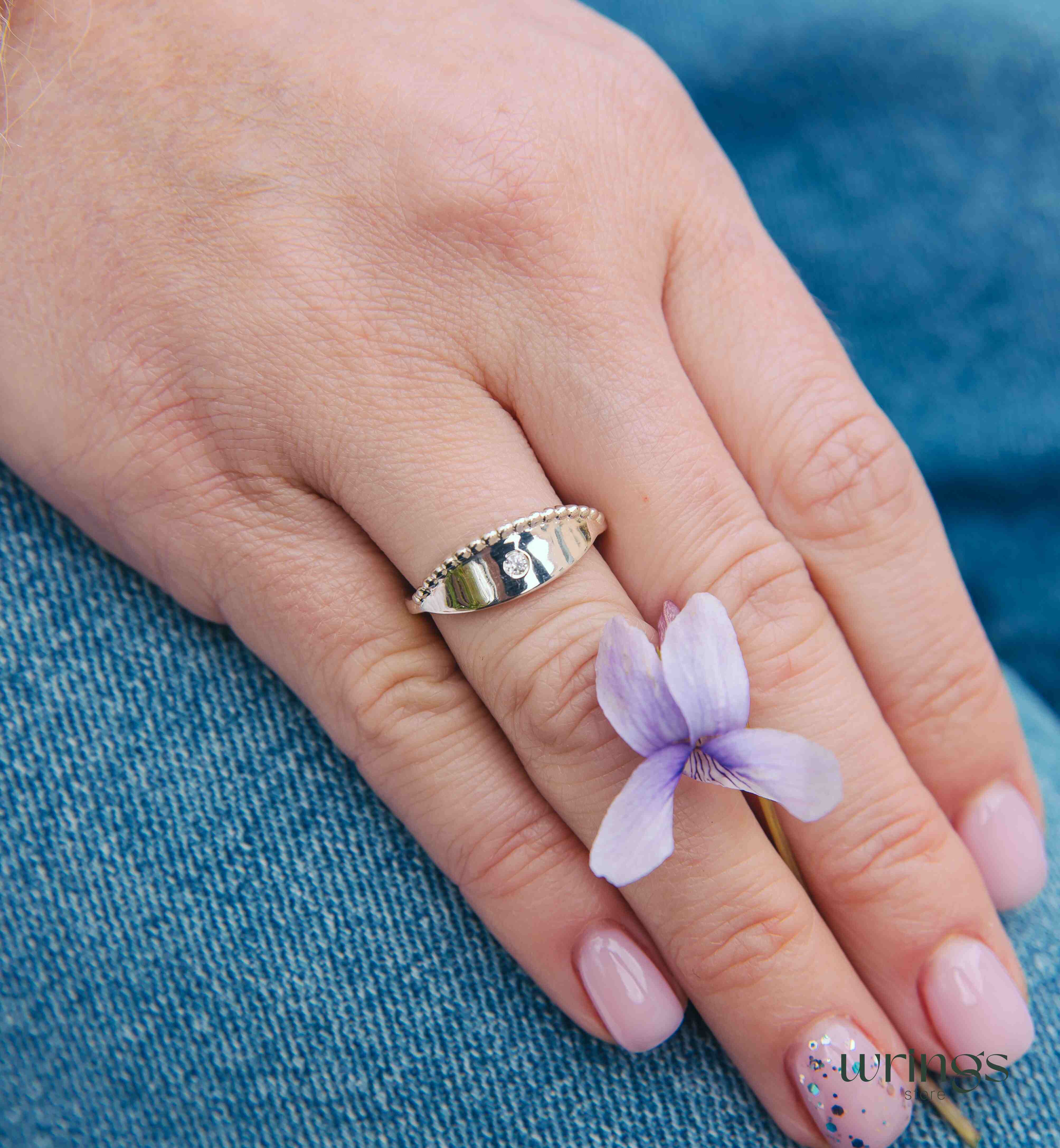 Unique Sterling Silver Boho Wedding Ring with Diamond
