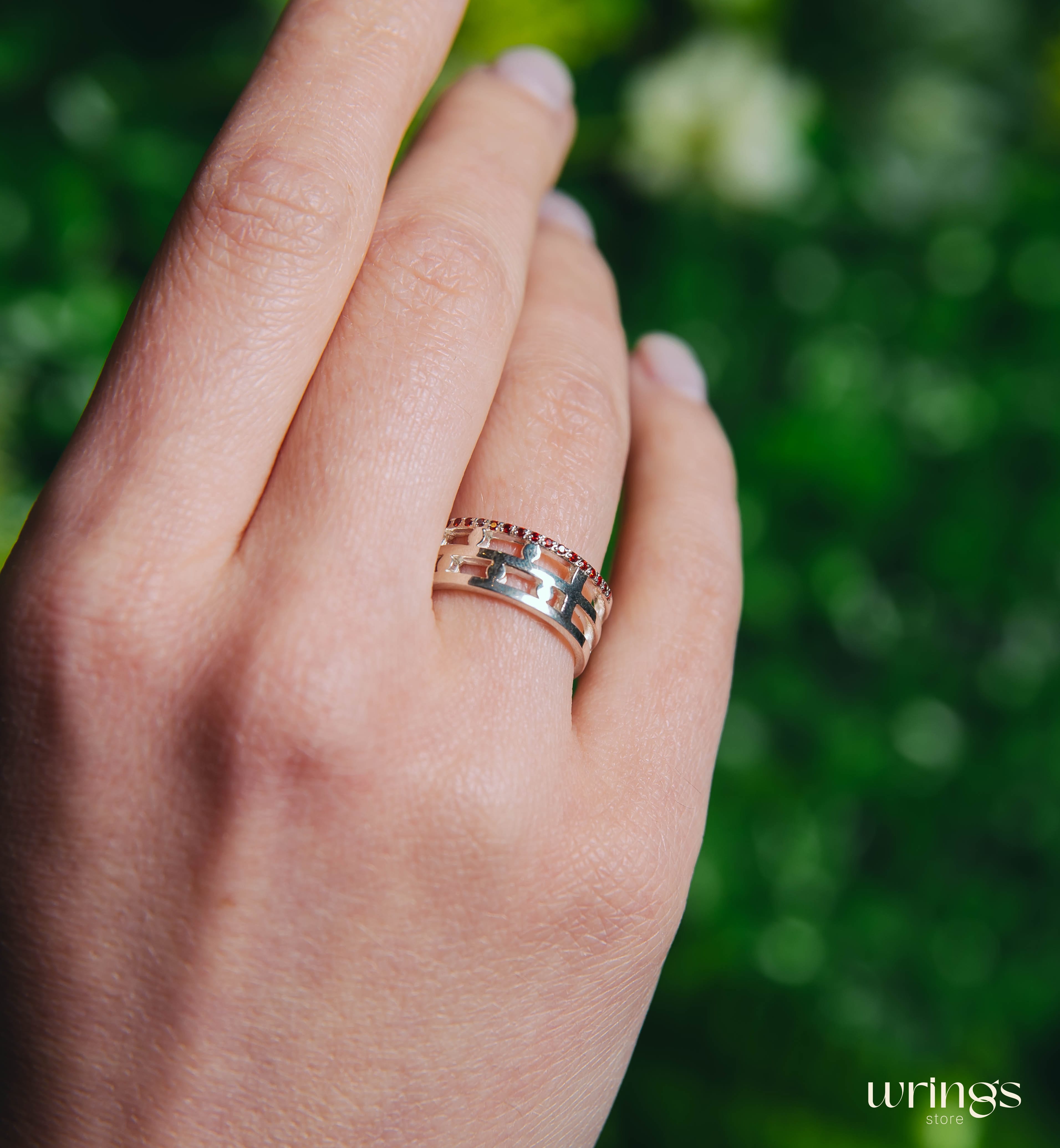Silver Wedding Band Garnets and Dots Modern Style