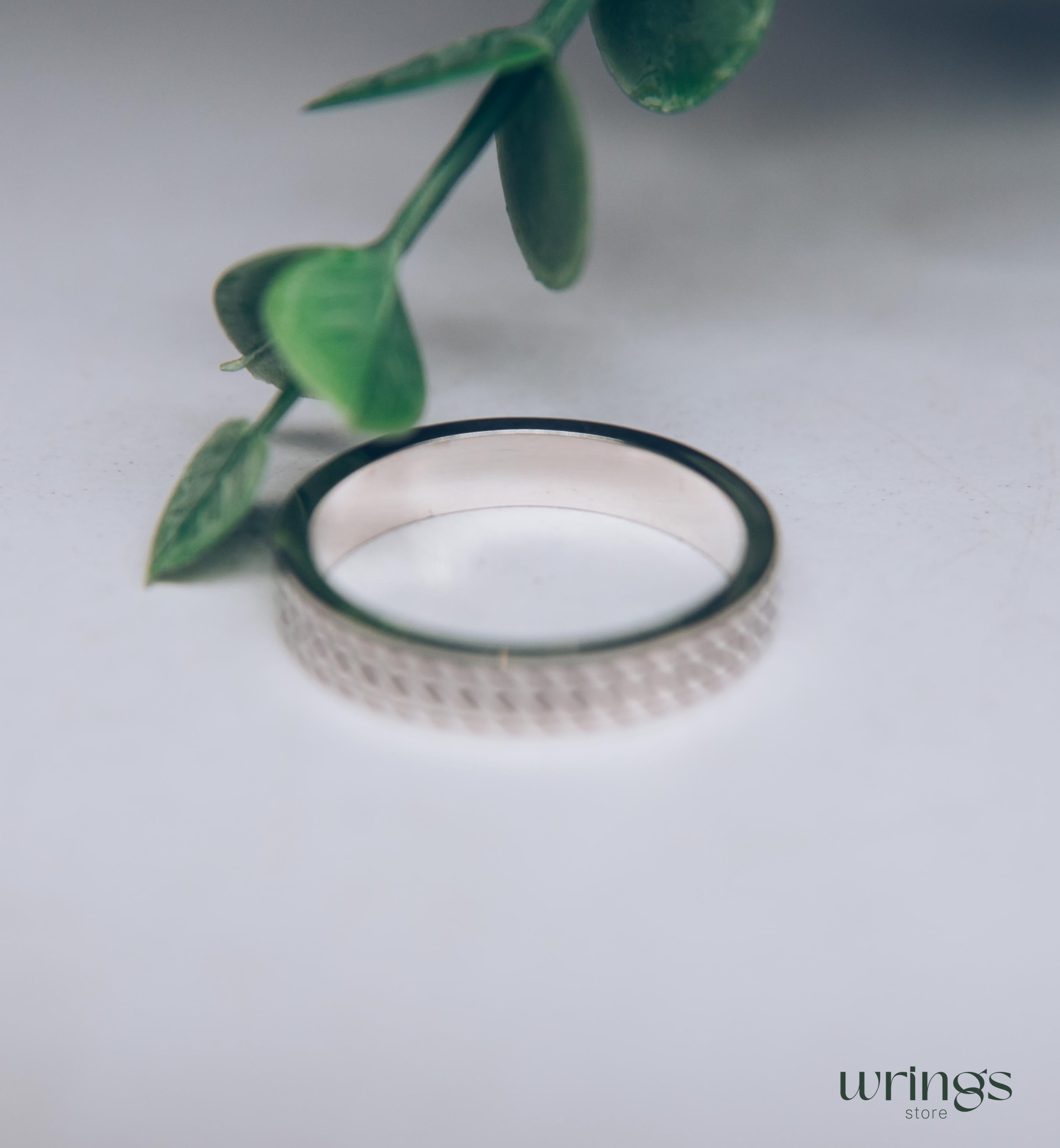 Mens Silver Ring Minimalist Engraved Cobblestone Design
