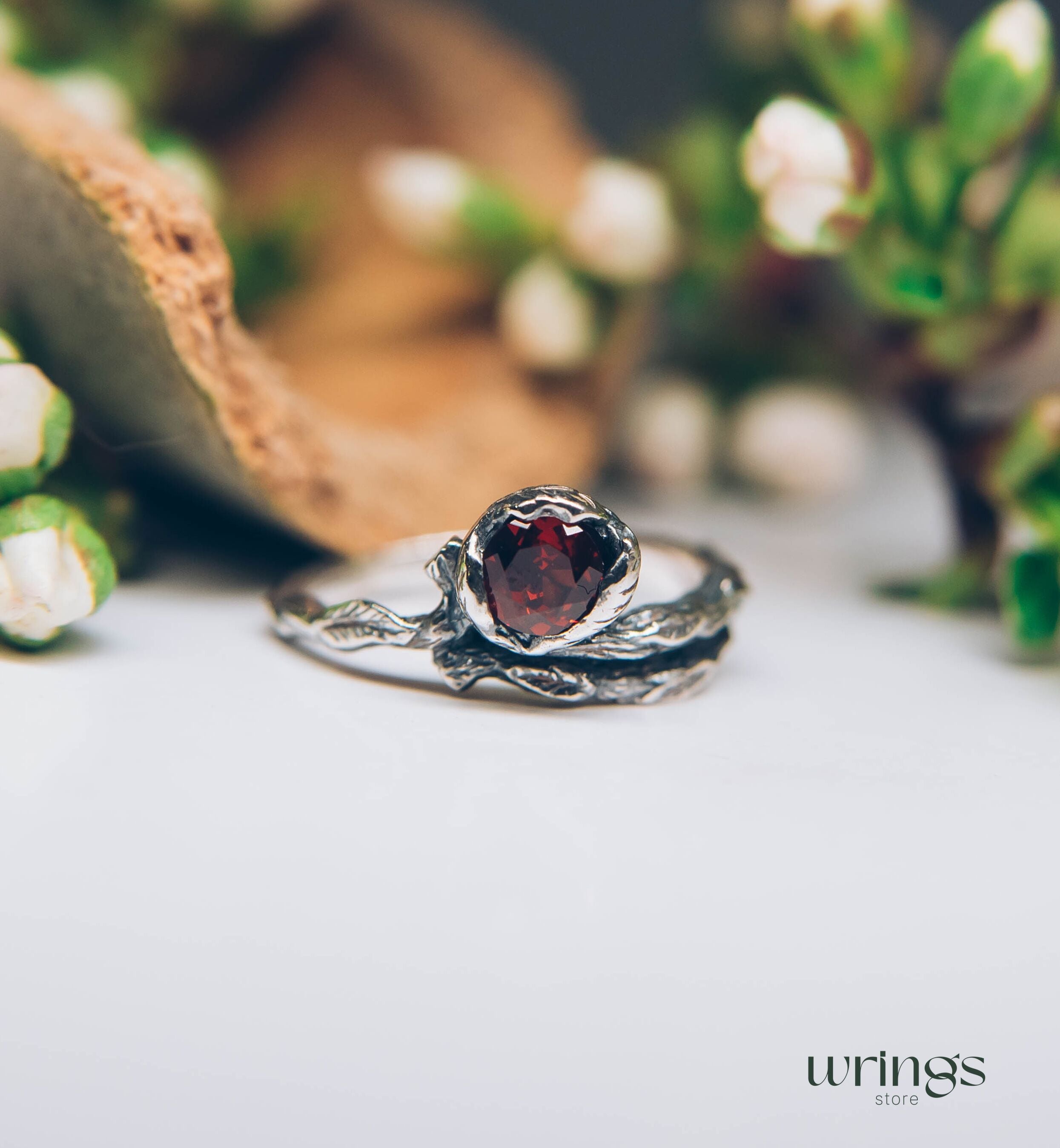 Unusual Branch and Leaves Silver Garnet Engagement Ring