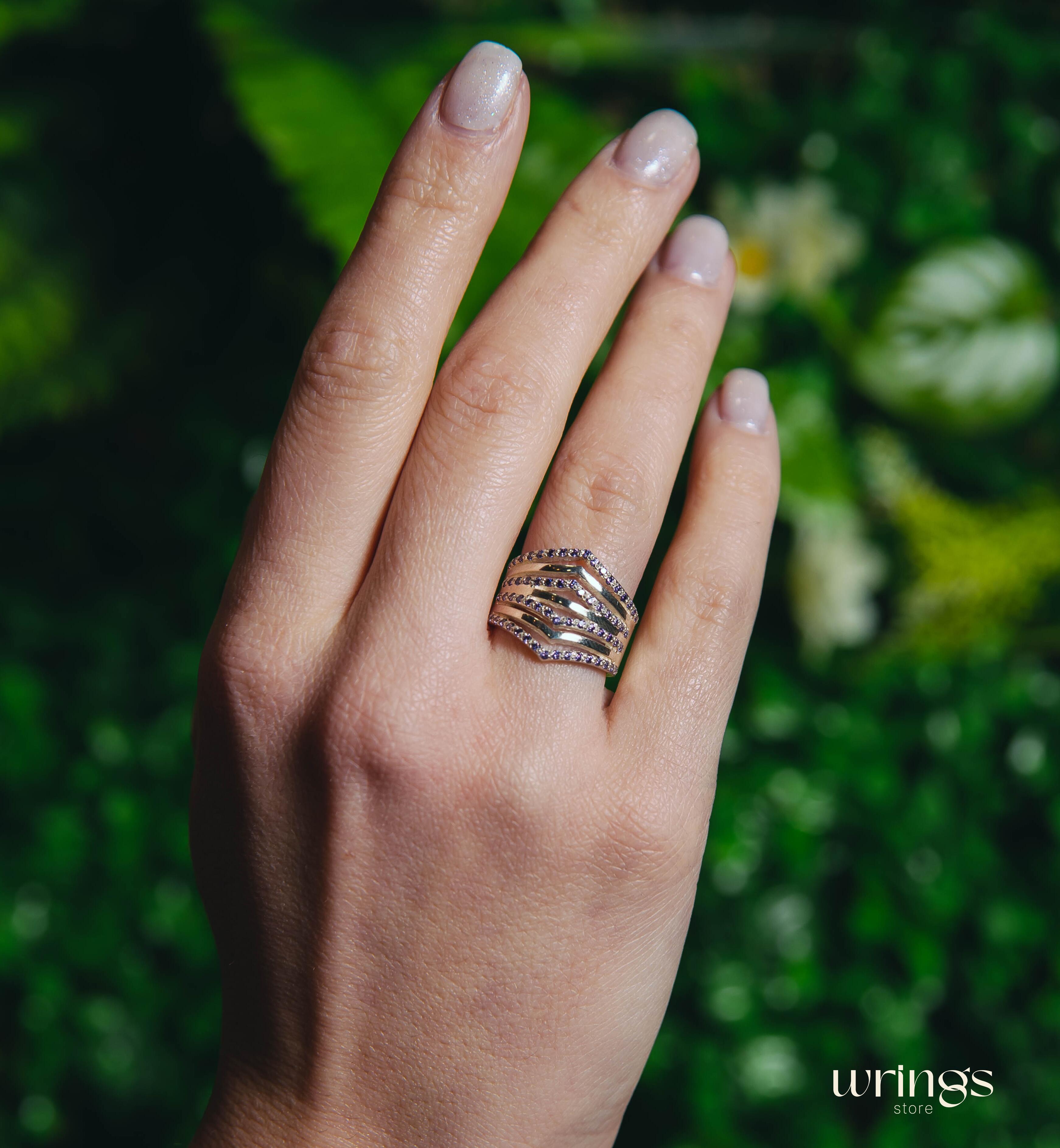 Multi Stone Amethyst Womens Signet Ring Double Chevron