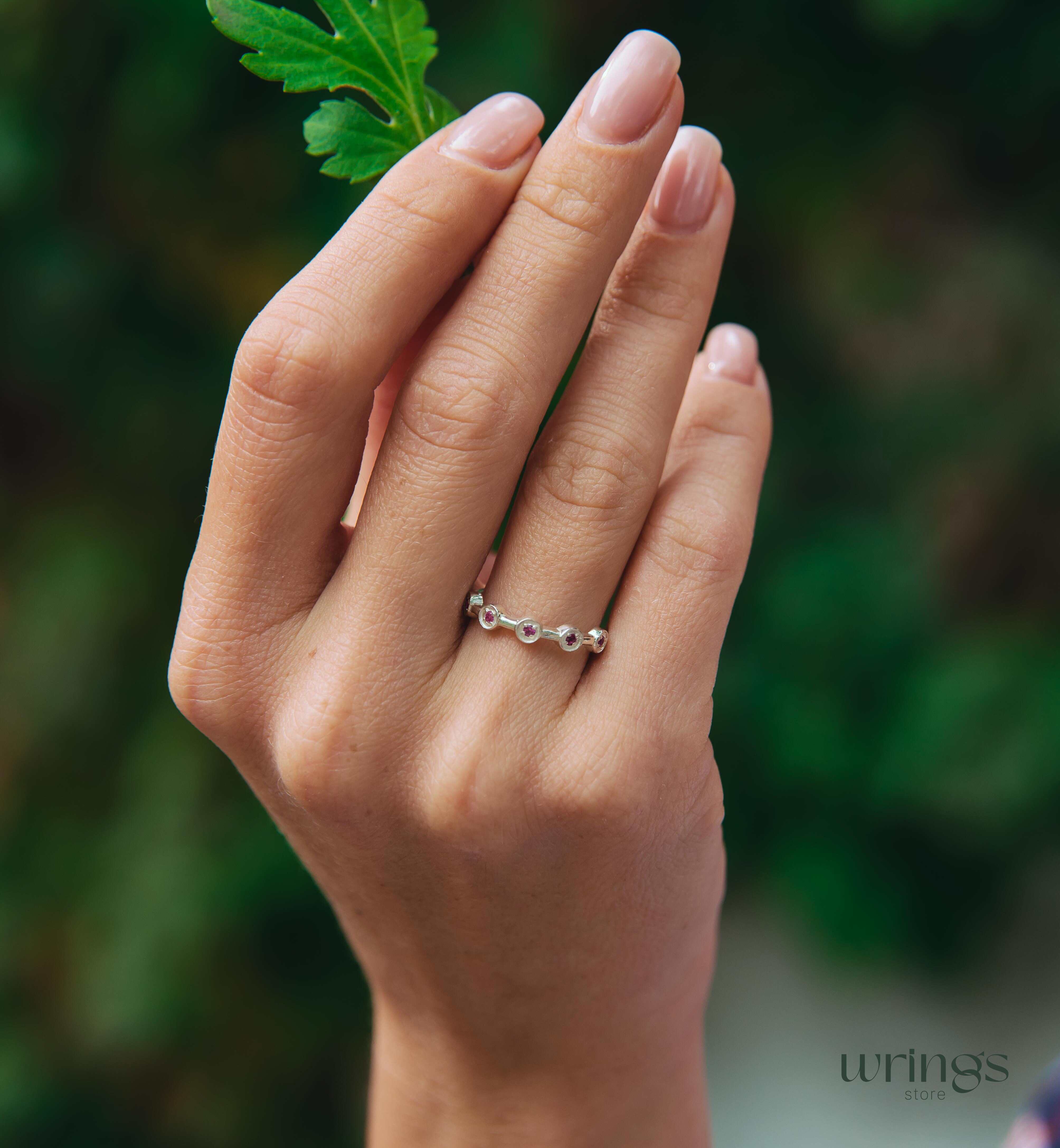 Dainty Rubies in 5 Small Dots Stackable Ring Silver