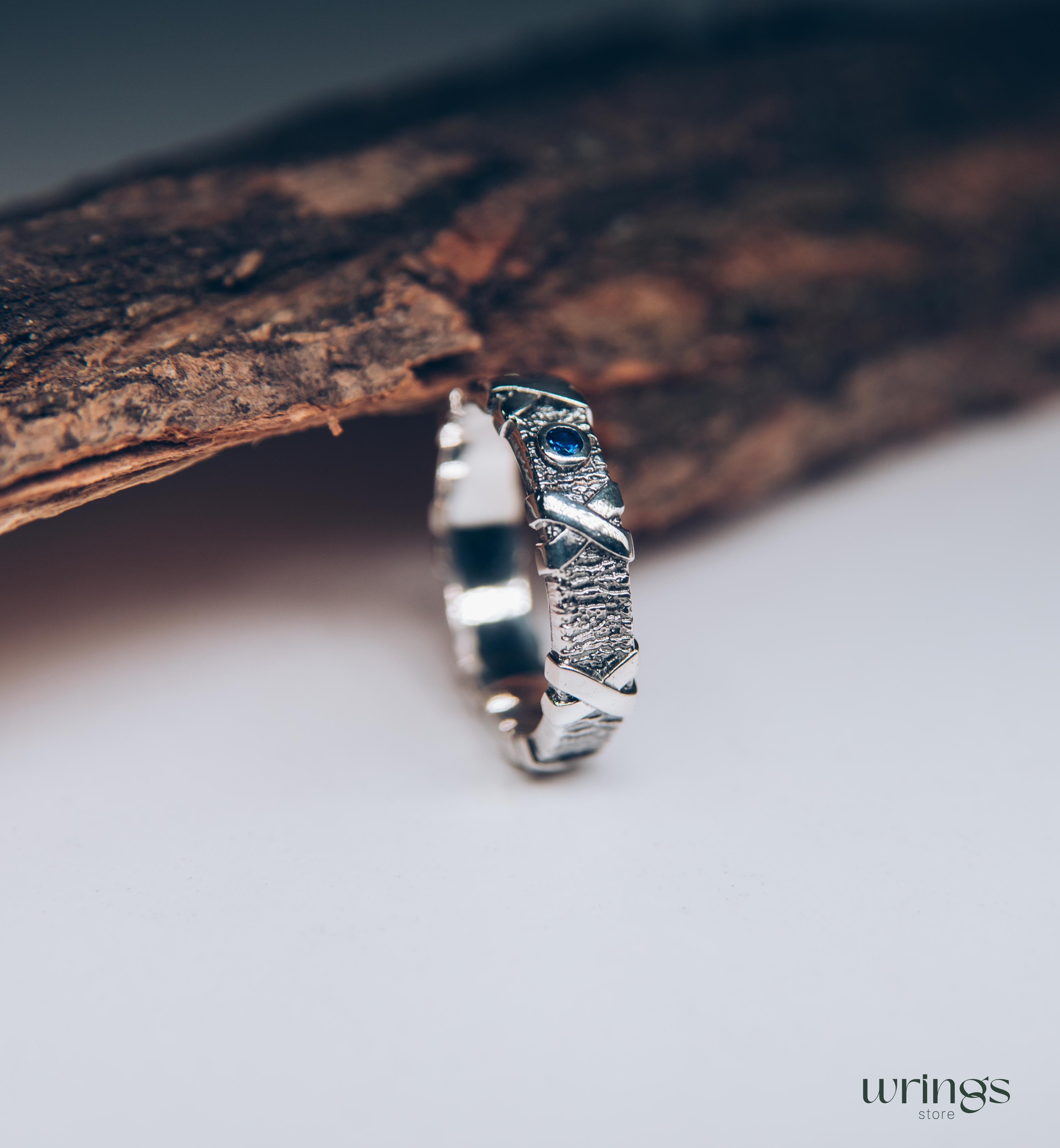 Nature Silver Band Ring with Cross & Natural Sapphire