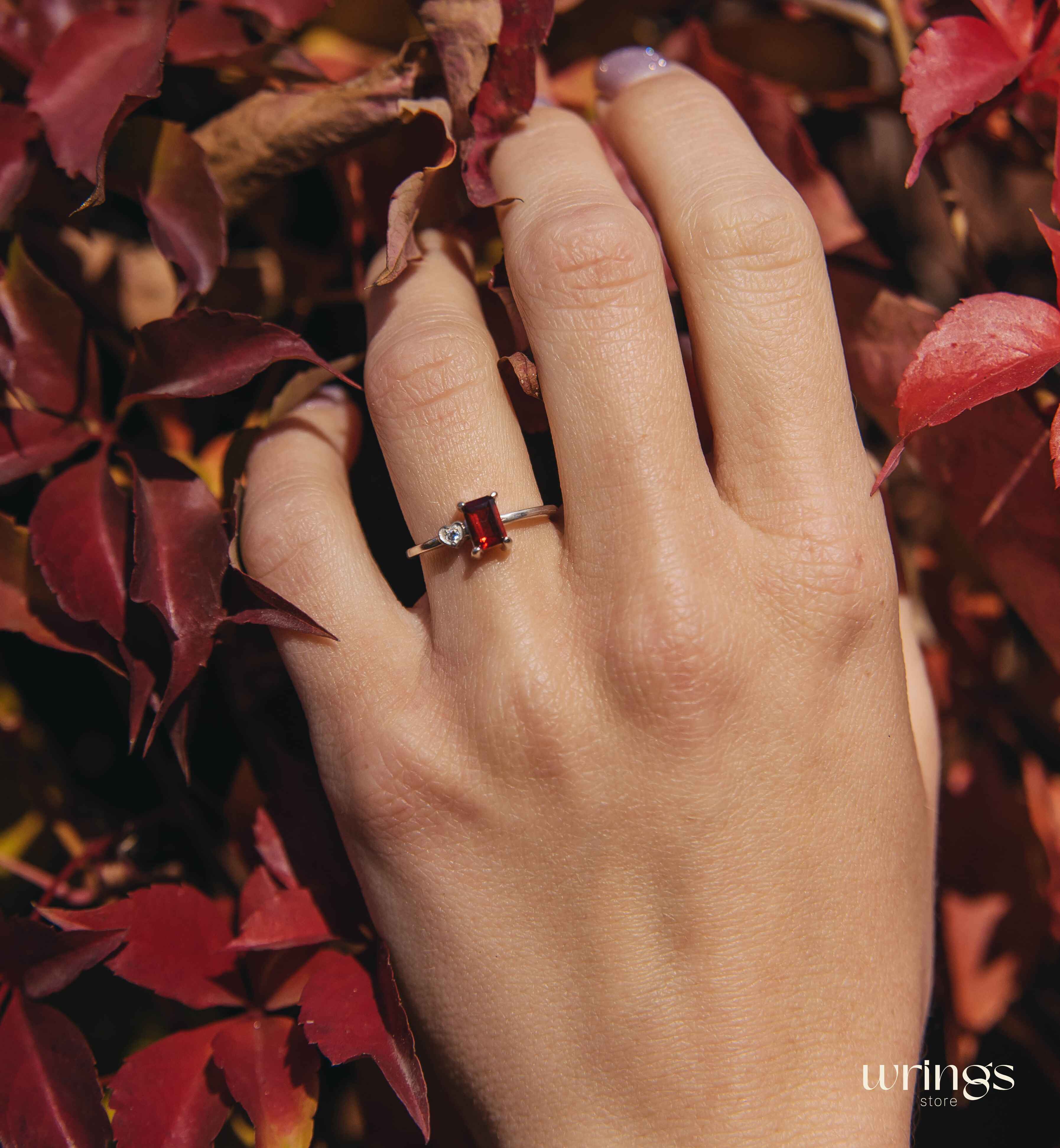 Silver Garnet Engagement Ring & Side Stone CZ in Heart