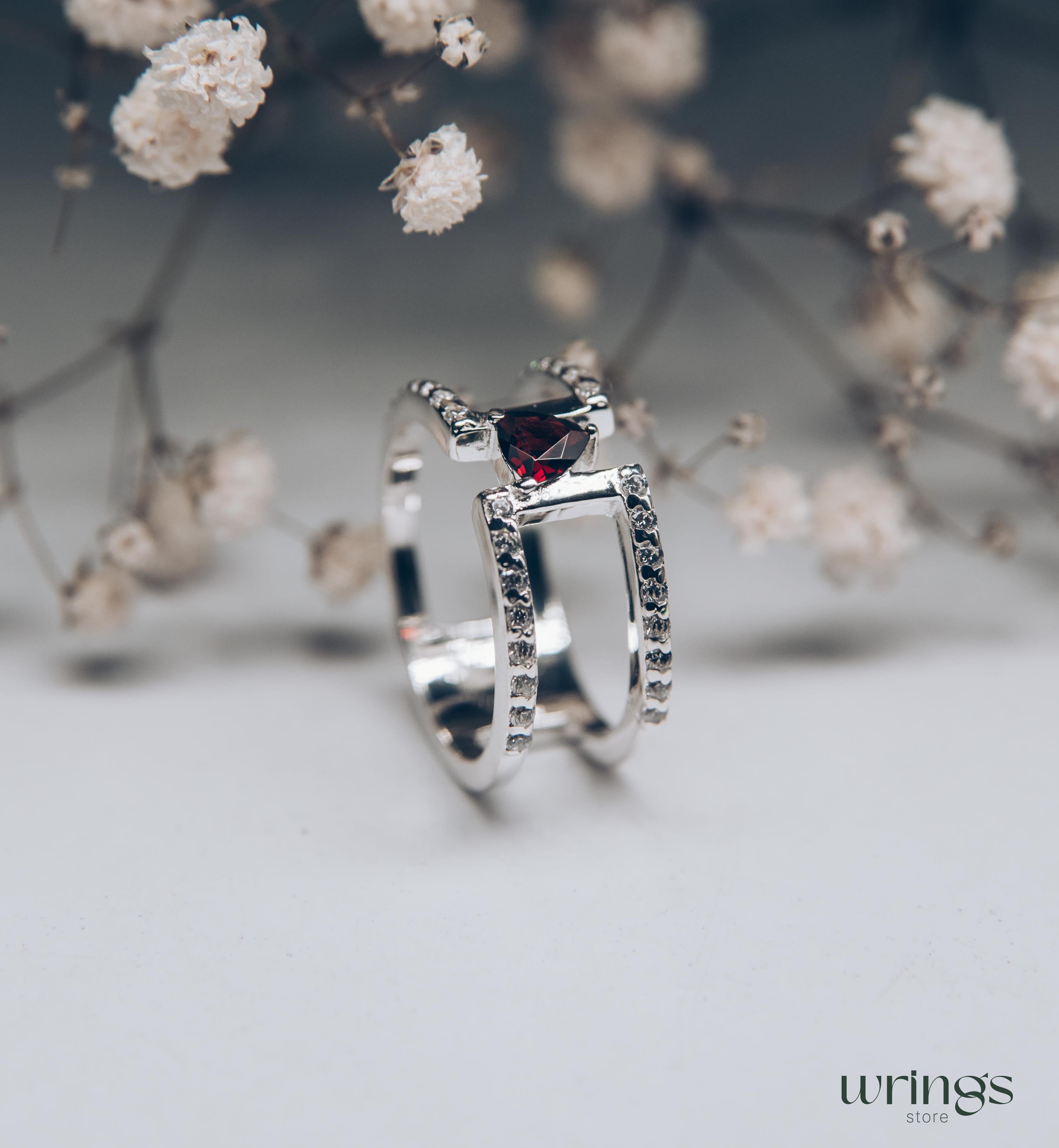 Trillion Garnet Unique Double Engagement Ring CZ Stones