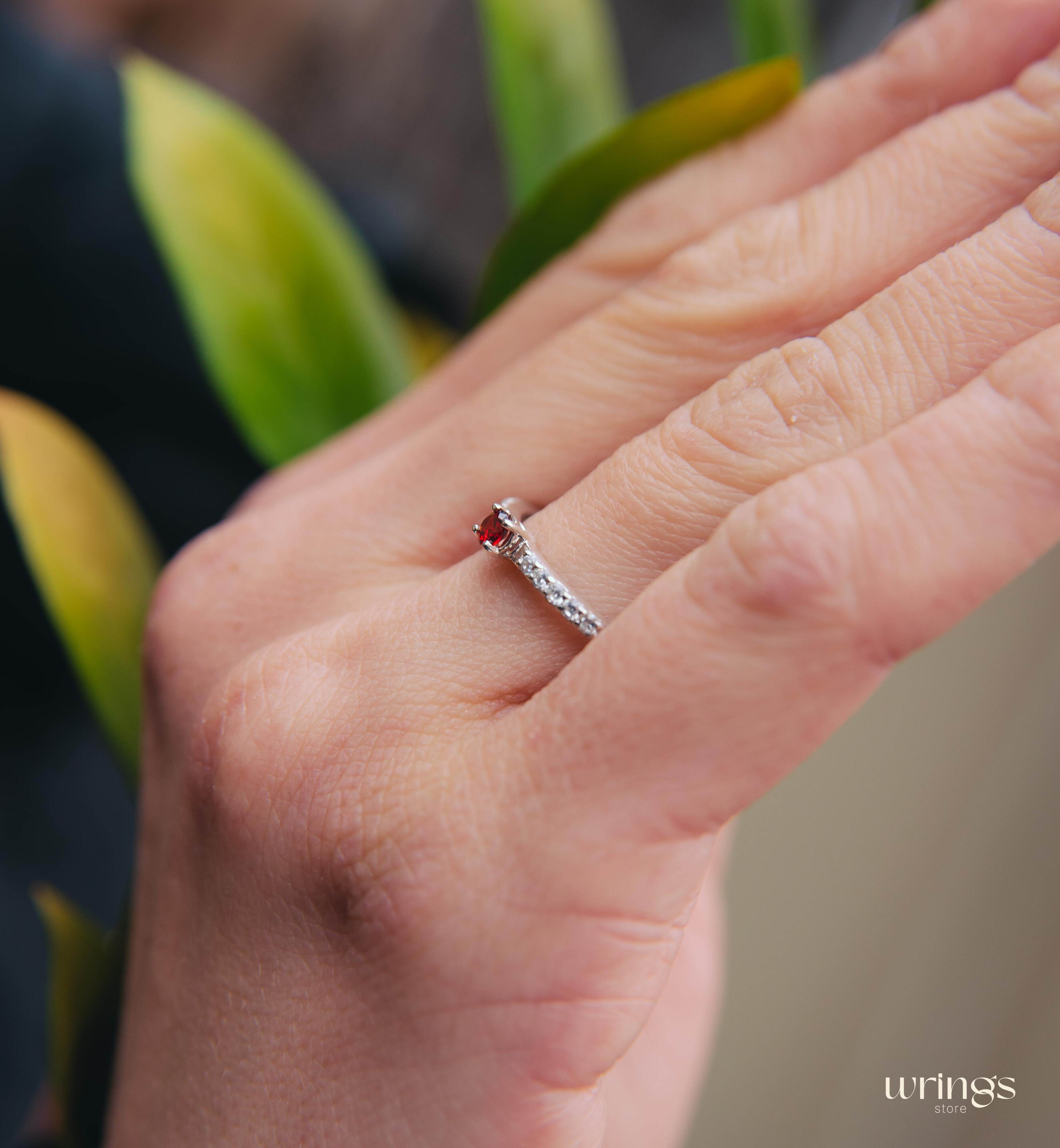 Dainty Garnet & Side Stones Silver Engagement Ring
