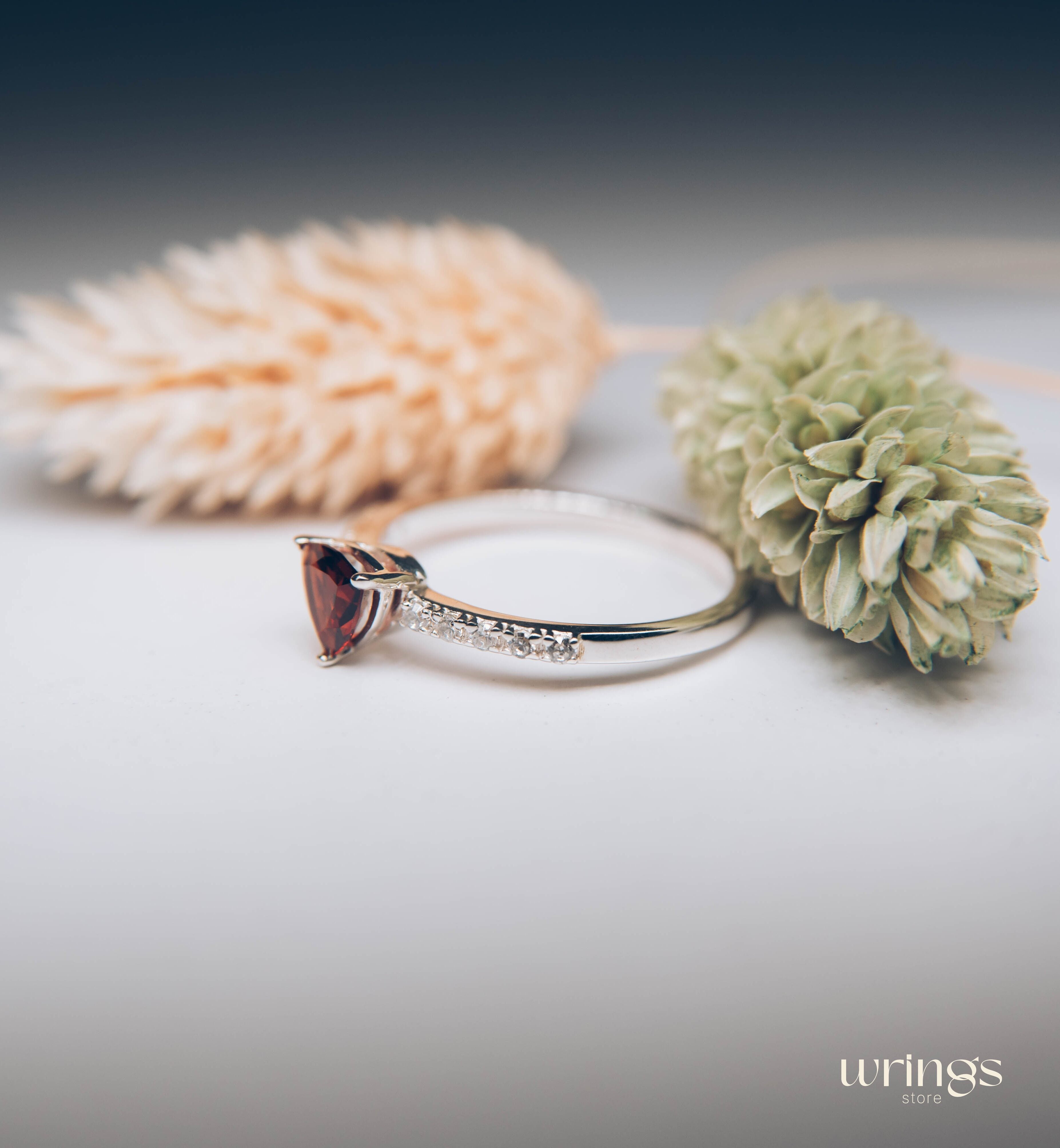 Trilliant Garnet Engagement Ring Silver & Side CZ Stones