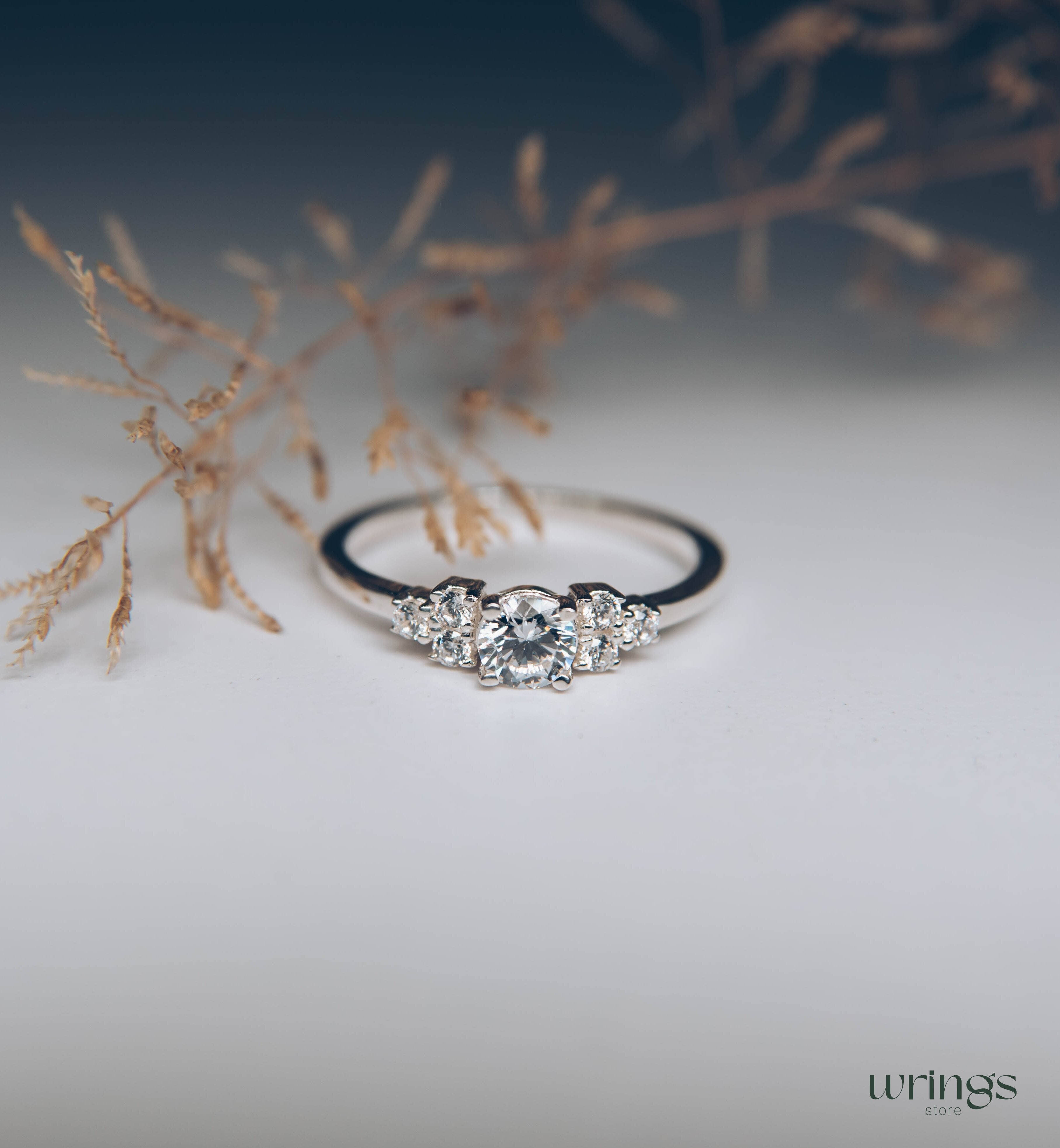 Round Cubic Zirconia Cluster Engagement Ring in 925 Silver