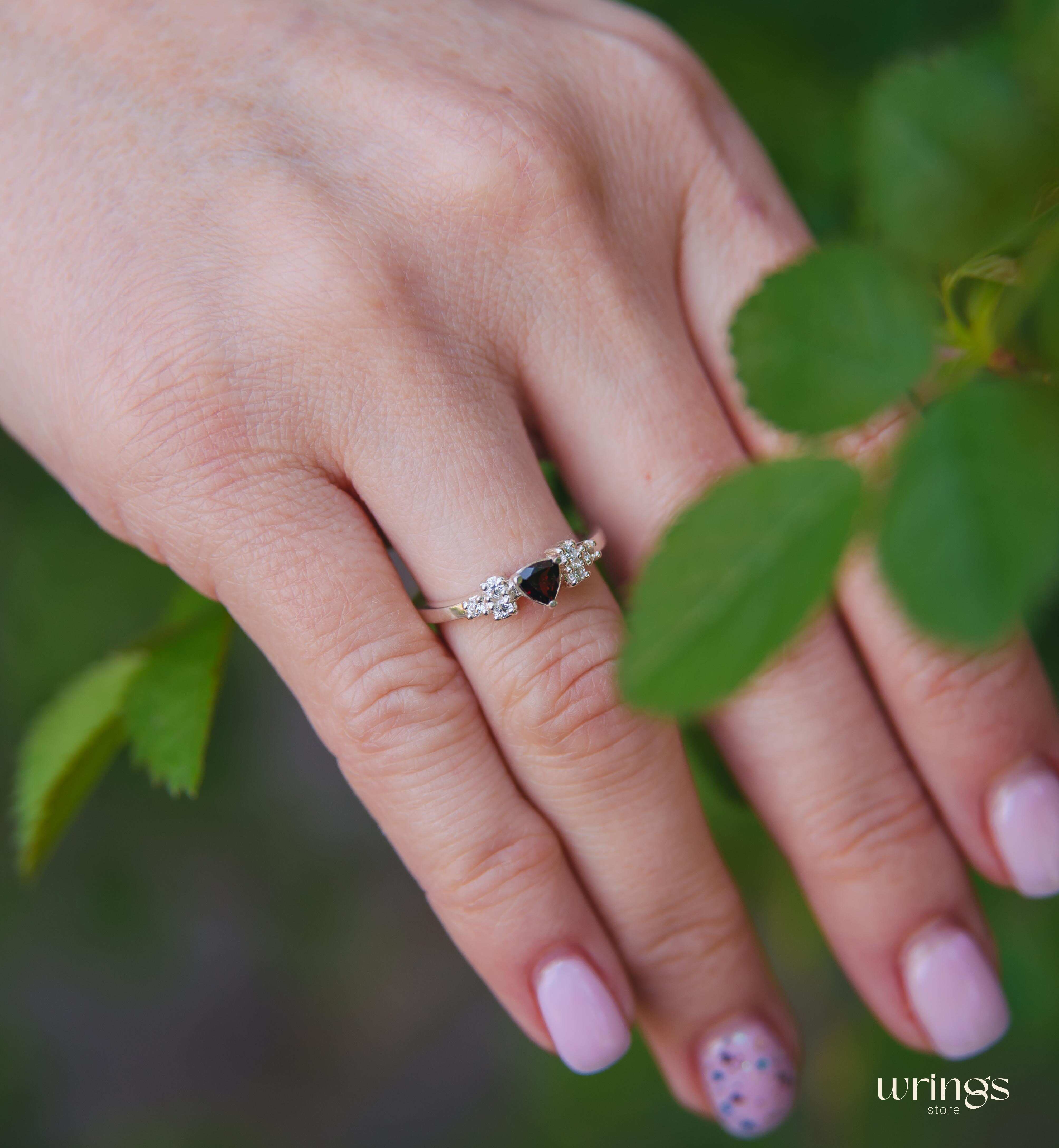 Silver Cluster Engagement Ring Trillion Garnet center & CZ
